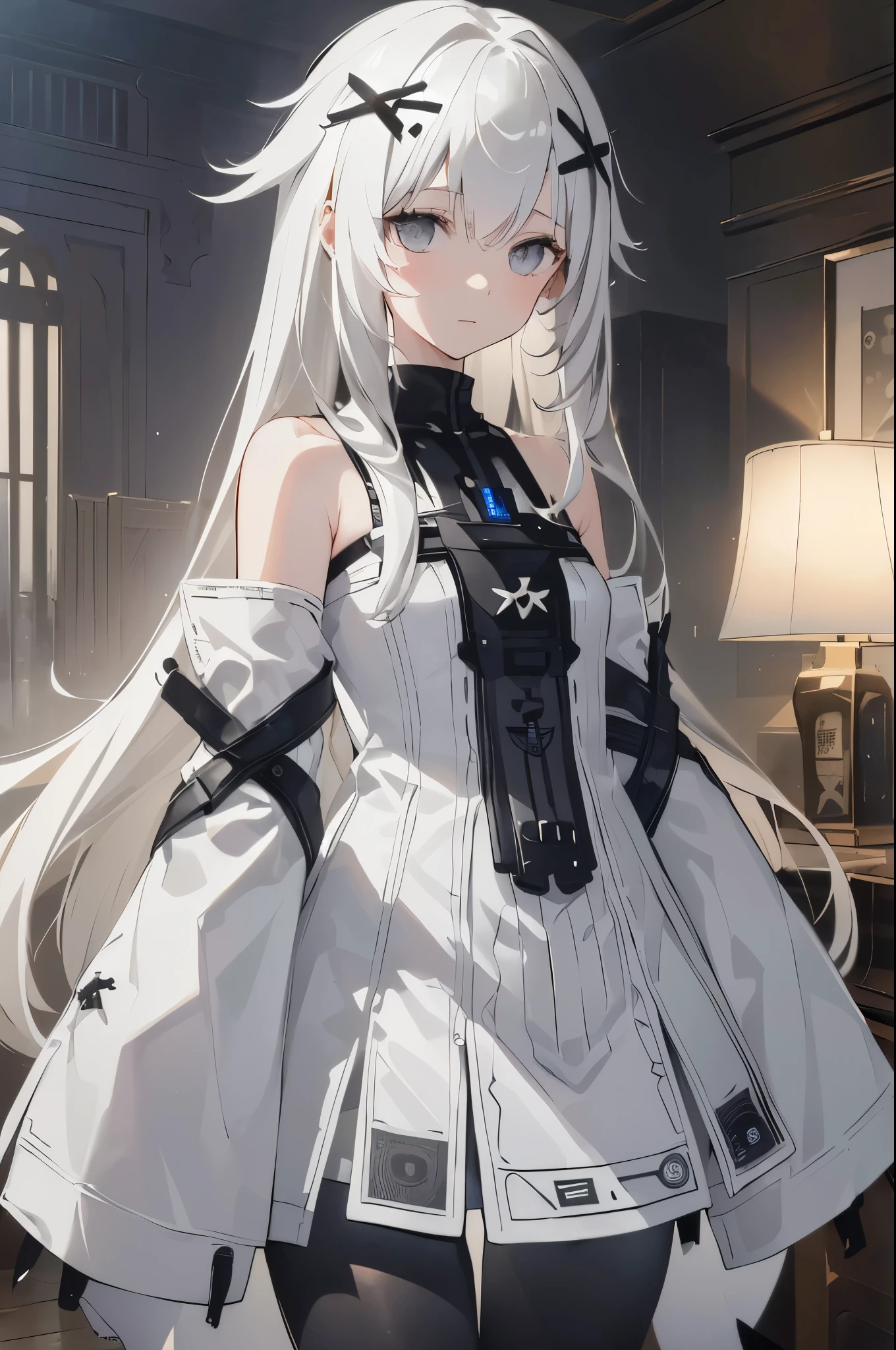 (best quality:1.3), (masterpiece:1.3), (illustration:1.3), (ultra-detailed:1.3), 1girl, solo, white hair, long hair, (((gray eyes,))) white dress, bare shoulders, detached sleeves, sleeves past fingers, gradient leggings, black pantyhose, hair ornament, x hair ornament, indoors,close up, ((young, short,))