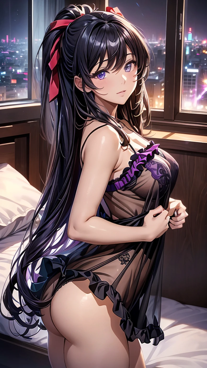 ((best quality)), ((masterpiece)), (detailed), perfect face, perfect budy, 1girl, black long hair, hours style hair, purple eyes, the girl wearing a red ccamisole, ((see-through)), ((frilly camisole)), Seeing the girl from the front, the girl in middle of bedroom and windows from hotel show the city in night in background