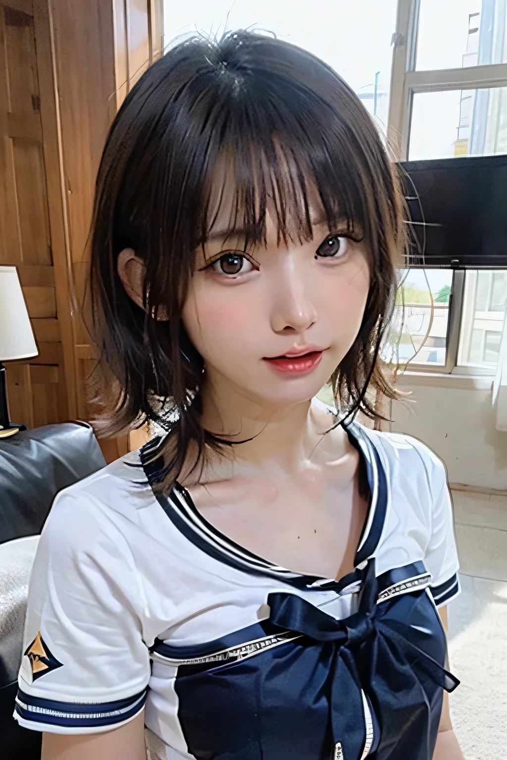 (8K highest quality:1.2), 8k, Official Art, RAW Photos,The uniform was torn、I can see your underwear、skinny、14 years、、unbelievably ridiculous, (Upper Body, uniform、Sailor suit:1.4), beautiful girl, Pretty face, lean back,、Gold ornament in hair、close, Sailor suit, Short sleeve, Violet, Teen, View your viewers, Film Grain, chromatic aberration, Sharp focus, Face Light, Dynamic Lighting, Cinema Lighting, Eyes and facial details, Bokeh Background,