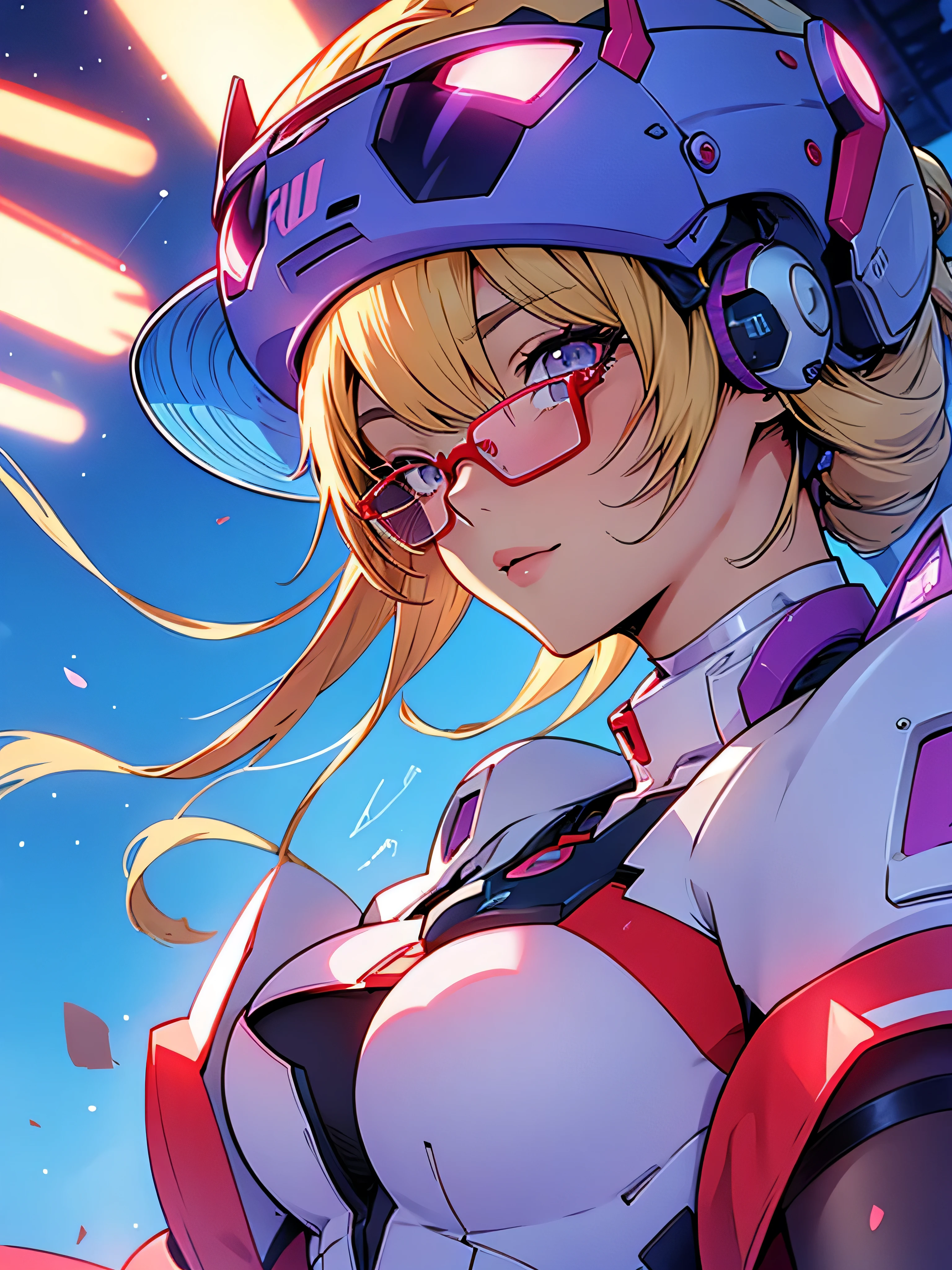 anime,An illustration,purple robot,Mobile Suit,Dom,Light blue check dress,Red glasses,Blonde,Light blue mesh hair,beautiful girl,Sora Sakurano,one person