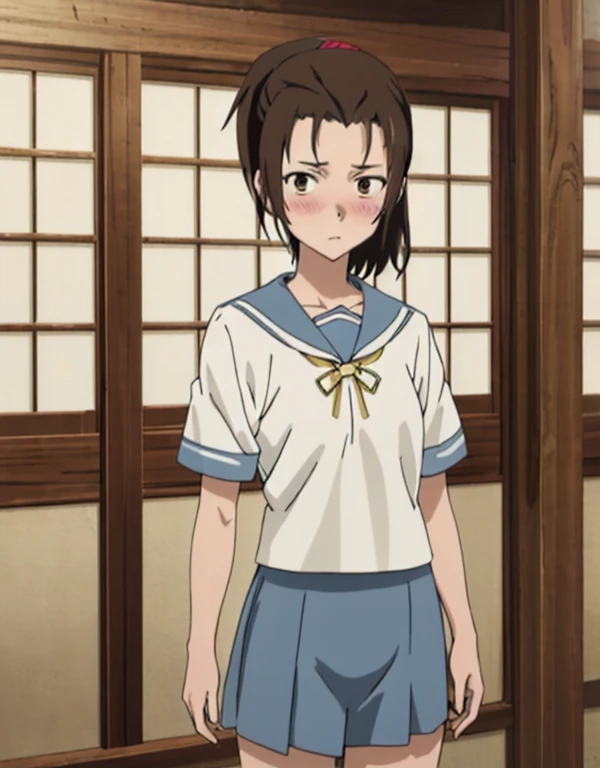 (masterpiece, best quality:1.2), highres, anime screencap, anime coloring, 1girl, solo, embarrassed, blush,
Mrs_Nakagami, mature female, adult woman, brown hair, short hair, short ponytail, parted bangs, bangs, forehead, brown eyes, hair ornament, small breasts,
, serafuku, blue sailor collar, white shirt, short sleeves, blue skirt, pleated skirt,
standing, spread legs, standing,
indoors, japanese room, looking at viewer,