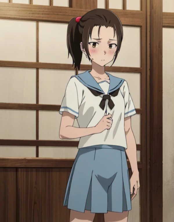 (masterpiece, best quality:1.2), highres, anime screencap, anime coloring, 1girl, solo, embarrassed, blush,
Mrs_Nakagami, mature female, adult woman, brown hair, short hair, short ponytail, parted bangs, bangs, forehead, brown eyes, hair ornament, small breasts,
, serafuku, blue sailor collar, white shirt, short sleeves, blue skirt, pleated skirt,
standing, spread legs, standing,
indoors, japanese room, looking at viewer,