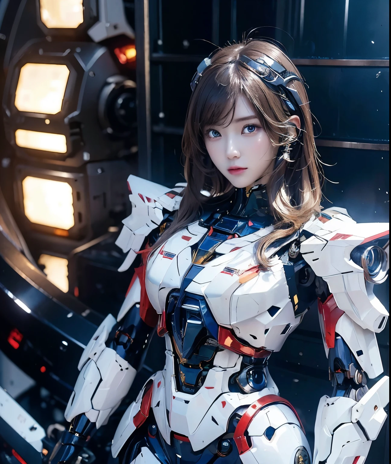 Textured skin, Super Detail, Attention to detail, high quality, 最high quality, High resolution, 1080p, hard disk, beautiful,(Gundam),beautifulサイボーグ女性,Mecha Cyborg Girl,Battle Mode,Girl with a mechanical body,She wears a futuristic Gundam mecha,Full Body Shot