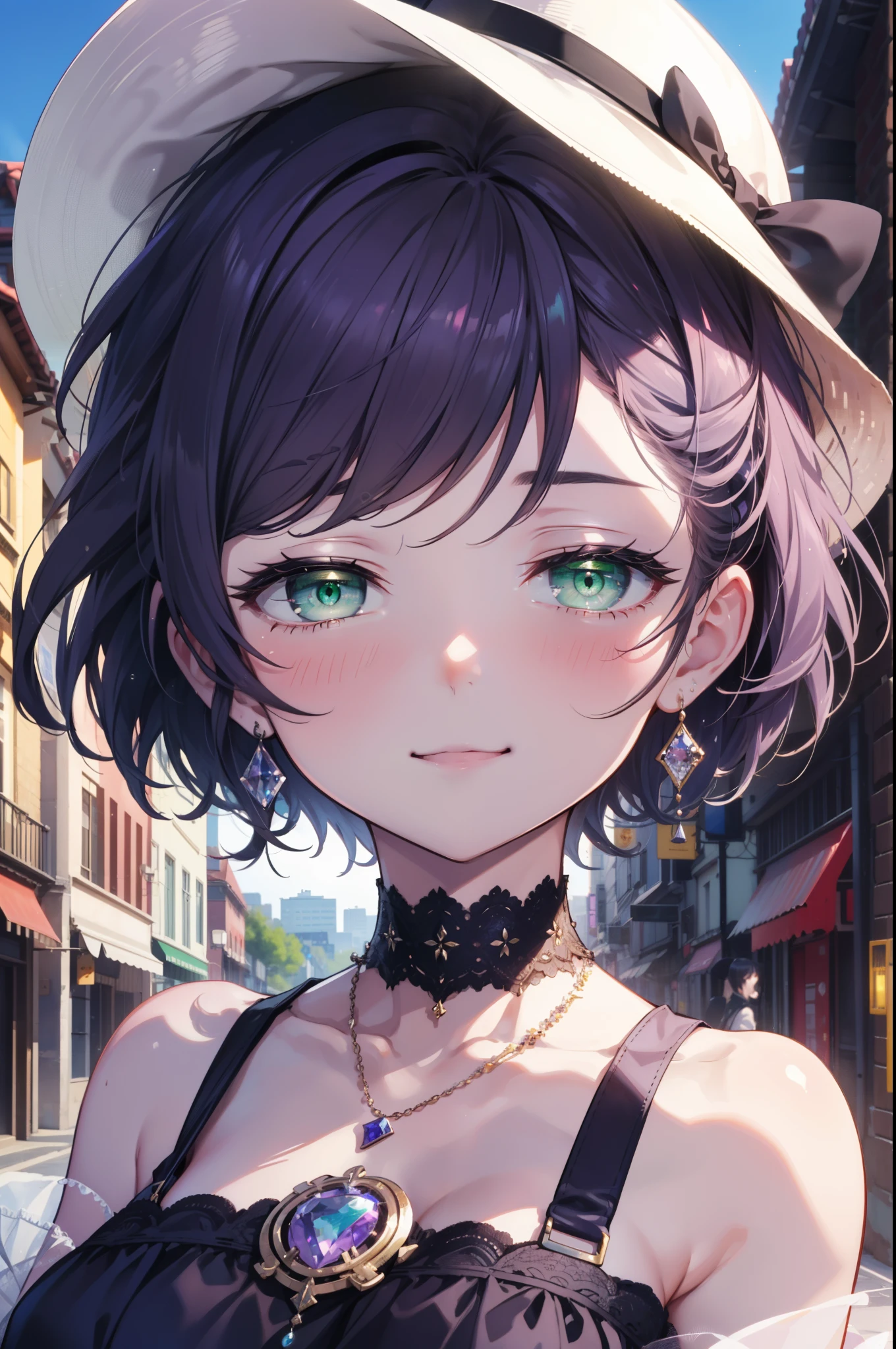 nozomitoujou, Nozomi-san always, (Green Eyes:1.5), Purple Hair, Short Hair,White hat,Big Breasts,Bare shoulders,Bare arms,bare clavicle,Bare neck,Locket Necklace,happy smile, smile, Open your mouth,Off-the-shoulder sleeveless dress,Long skirt,Heeled Sandals,True Summer,Daytime,Clear skies, break looking at viewer, break outdoors, In town,Building district, break (masterpiece:1.2), highest quality, High resolution, unity 8k wallpaper, (figure:0.8), (Beautiful fine details:1.6), Highly detailed face, Perfect lighting, Highly detailed CG, (Perfect hands, Perfect Anatomy),