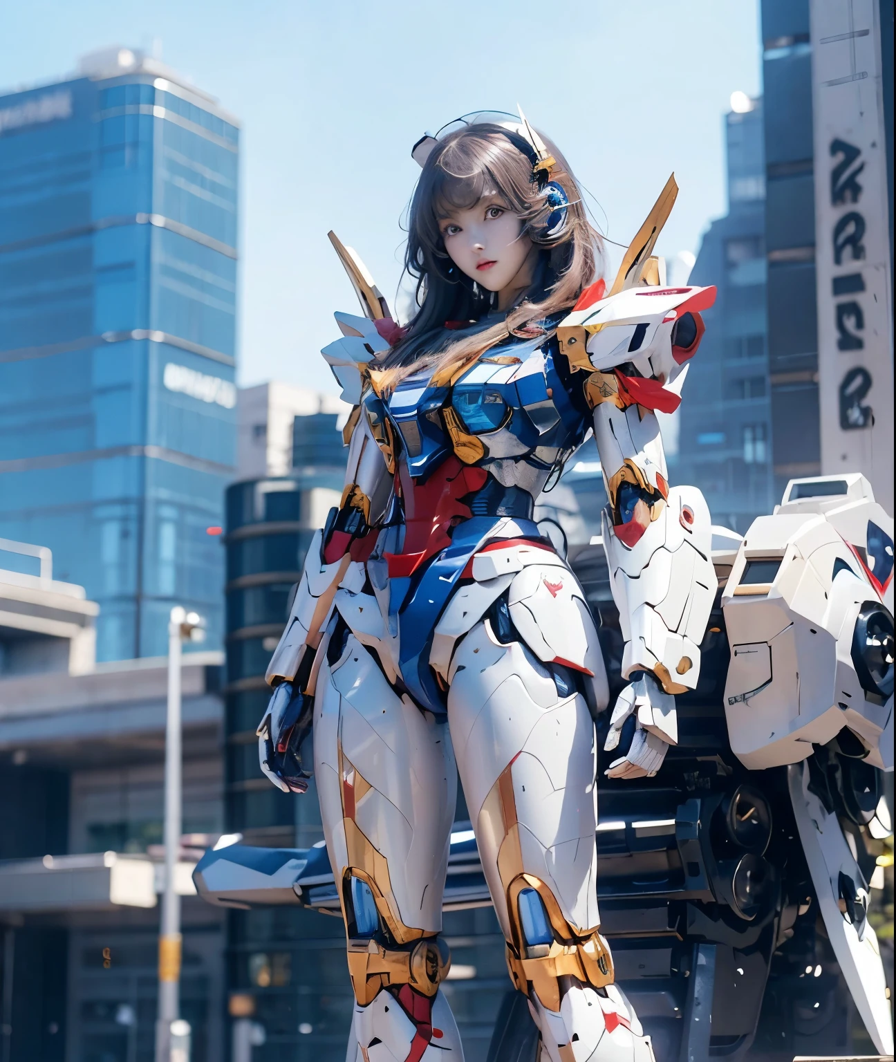 Textured skin, Super Detail, Attention to detail, high quality, 最high quality, High resolution, 1080p, hard disk, beautiful,(Gundam),beautifulサイボーグ女性,Mecha Cyborg Girl,Battle Mode,Girl with a mechanical body,She wears a futuristic Gundam mecha,Full Body Shot