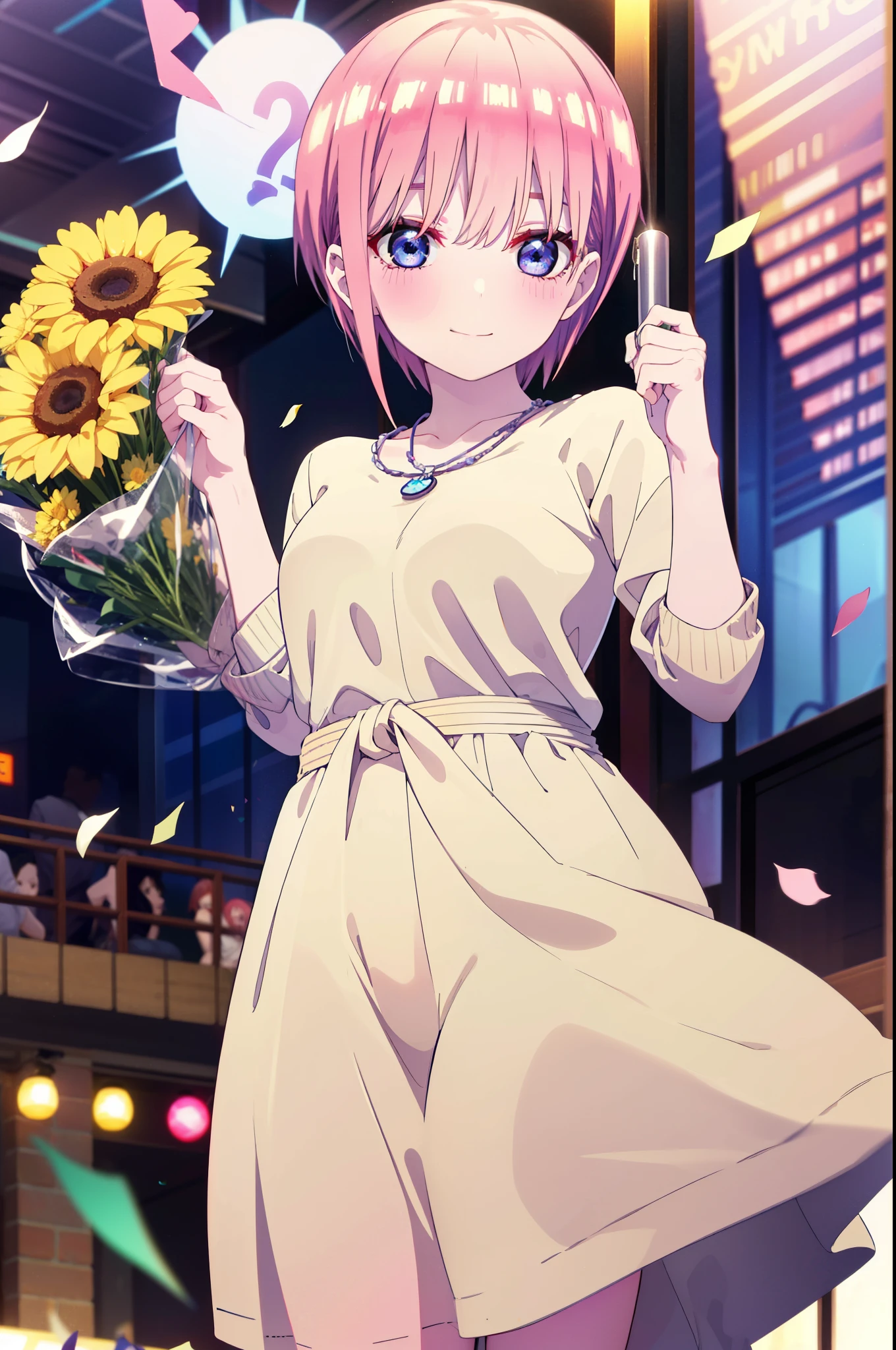 ichikanakano, ichika nakano, short hair, bangs, blue eyes, Hair between the eyes, smile,Pink Hair,,smile,blush,白色No sleeveドレス,Long skirt,White stiletto heels,No sleeve,naked,nakedの腕,nakedの首,nakedの鎖骨,holding a large bouquet of flowers in each hand,Locket Necklace,Confetti,There is a birthday cake on the table,
break indoors, on stage,venue,
break looking at viewer, (Cowboy Shot:1.5),
break (masterpiece:1.2), highest quality, High resolution, unity 8k wallpaper, (shape:0.8), (Beautiful details:1.6), Highly detailed face, Perfect lighting, Highly detailed CG, (Perfect hands, Perfect Anatomy),