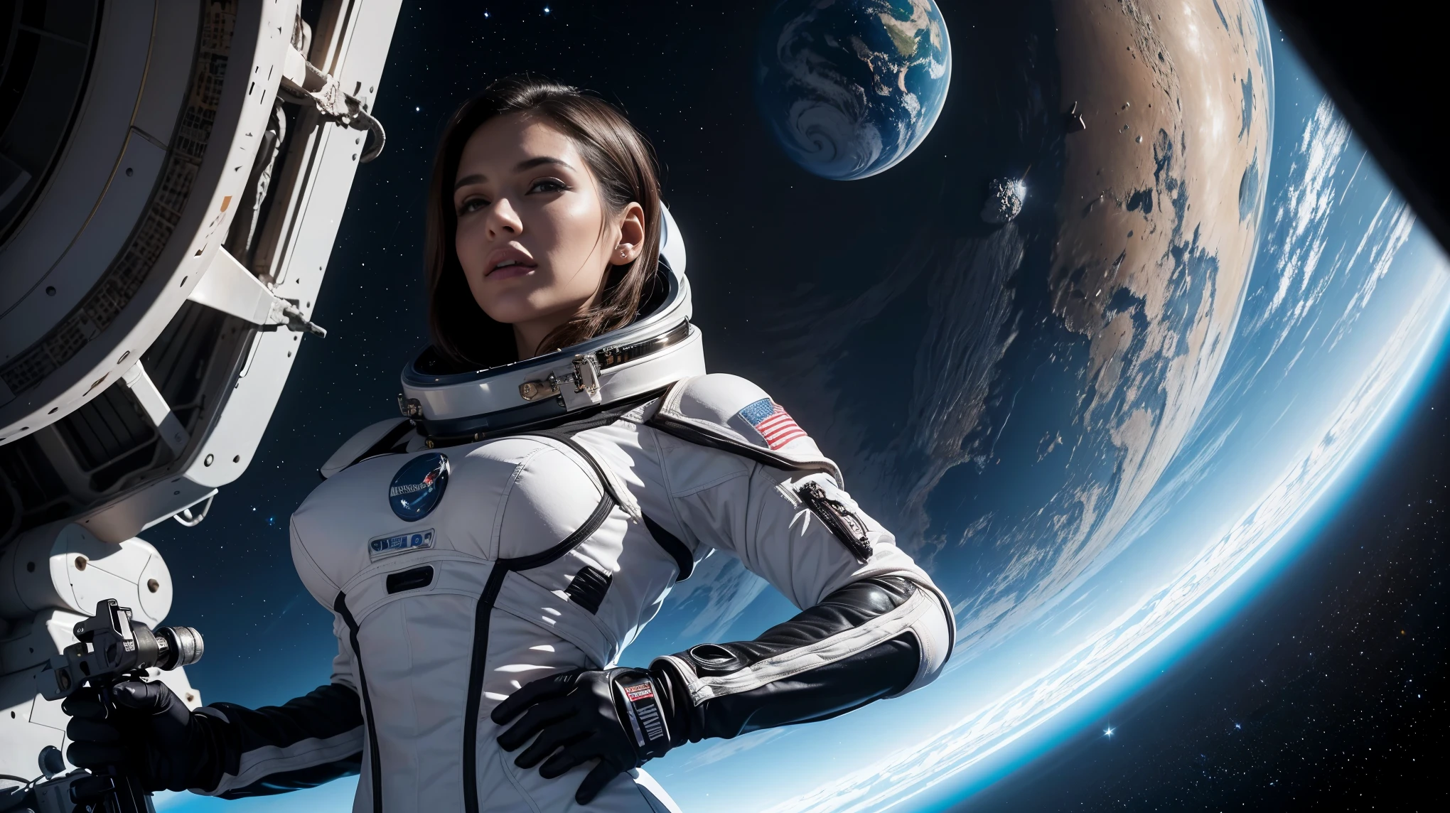 Obra maestra, HD. dentro de una nave espacial. De lado Junto a un gran ventanal que muestra el planeta Tierra., Una preciosa europea ultra caliente, 23 years, she is a playmate, modelo de revista masculina. Lleva un ajustado traje de astronauta cyberpunk que cubre todo su cuerpo.. Sin casco. ella mira la tierra.