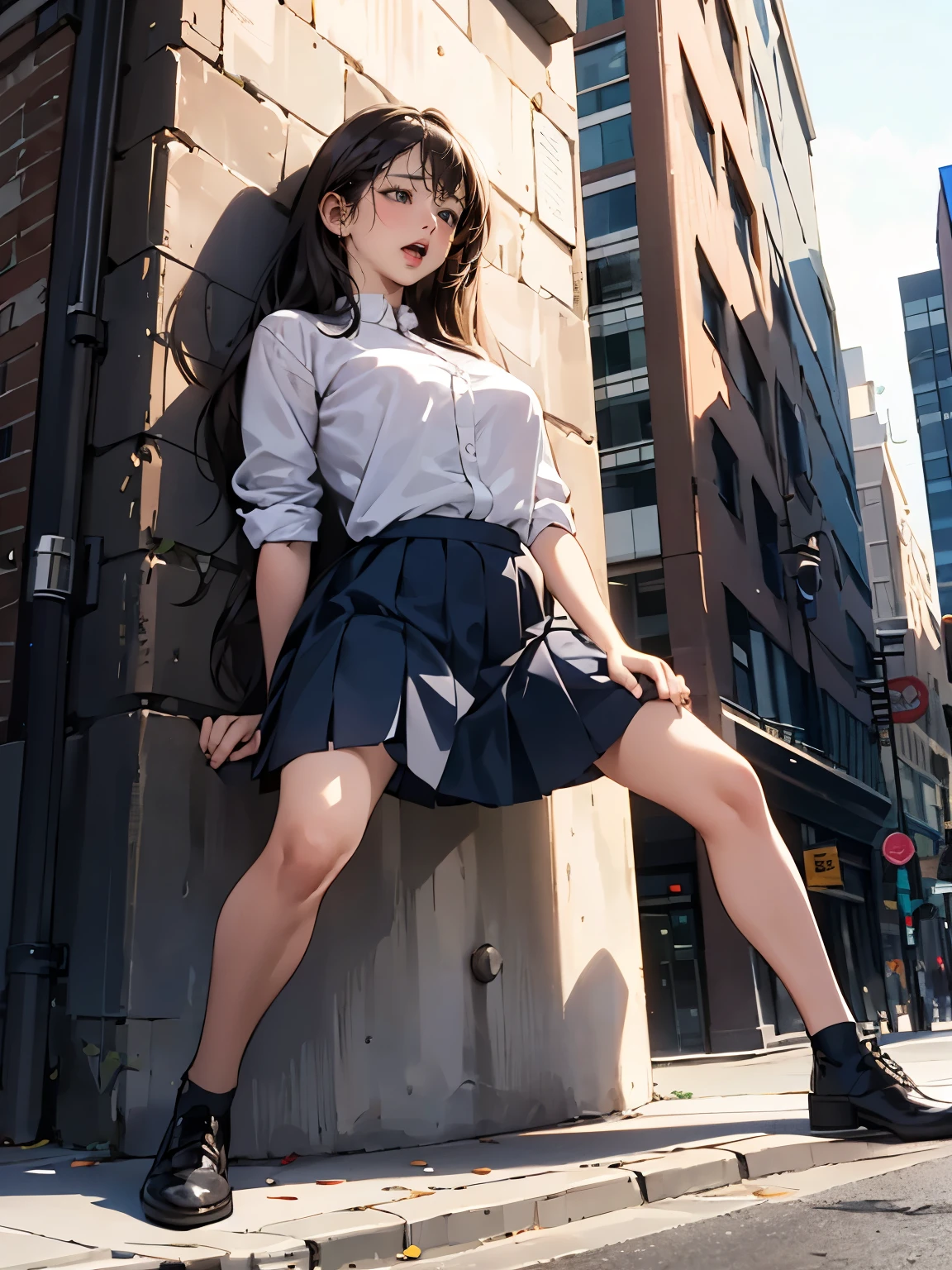 a woman, drooping eyes, eyes realistic sizing, whole body, pleated skirt, round face, straddling an exposed bollard that is standing on the ground to hit her crotch, open legs, on the streets of downtown area, angle from below,