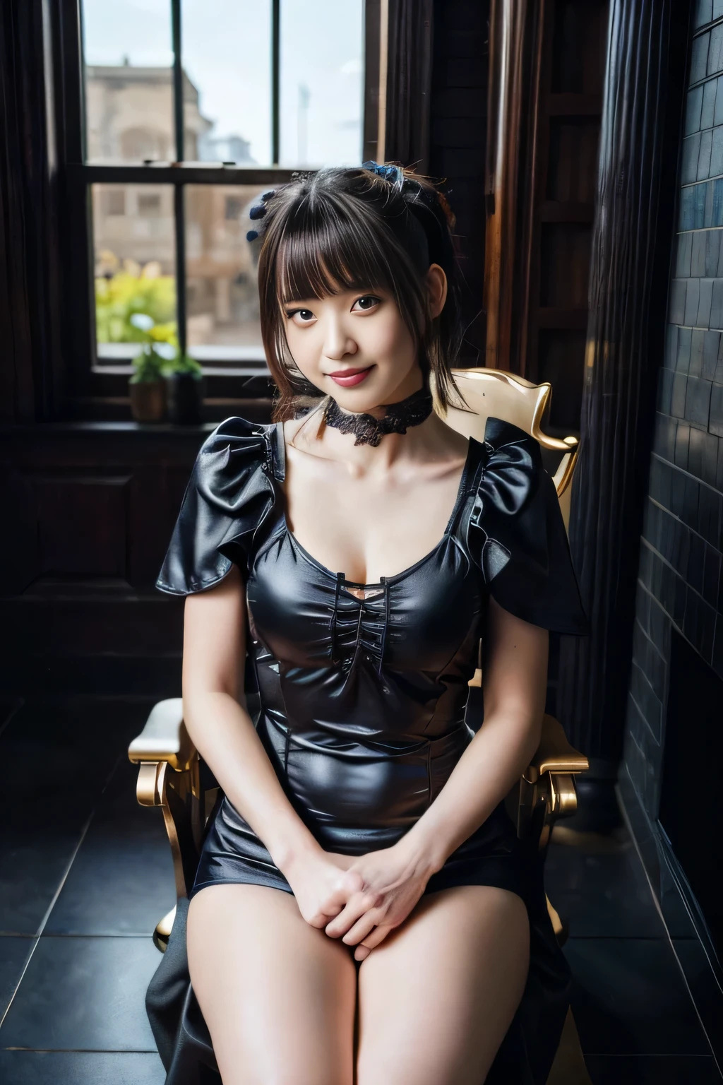 (best quality:1.2),(ultra detailed,highres,HDR,8k,3D,realistic,photorealistic,super fine,effects,official art,detailed background), (very happy smile,young,Japanese,detailed beautiful face), (Happy days),(round face,small face beauty), (dynamic pose:1.3), (head to thighs:1.3), cloak, (Chinese style swimsuit:1.2)((Sitting on the throne looking down:1.3),(looking at viewer:1.3), (A majestic atmosphere dominates):1.3), (gothic:1.3), (horror:1.3)