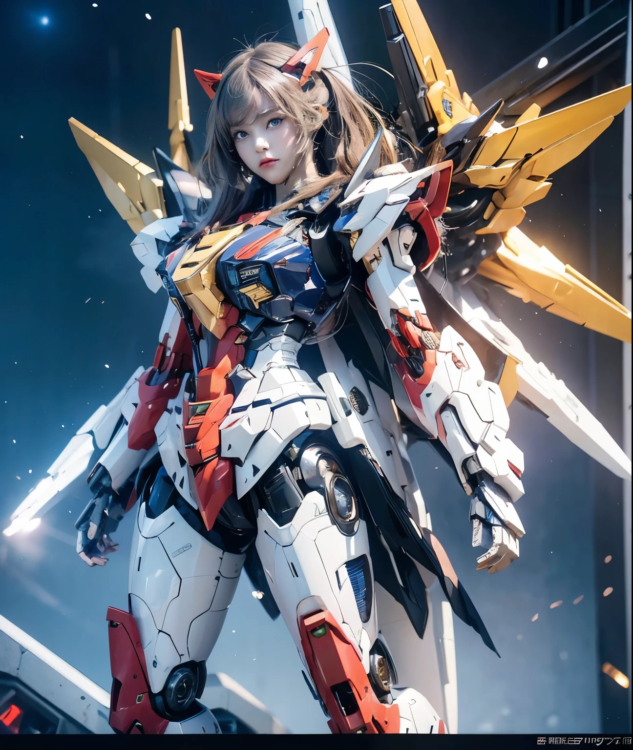 Textured skin, Super Detail, Attention to detail, high quality, 最high quality, High resolution, 1080p, hard disk, beautiful,(Gundam),beautifulサイボーグ女性,Mecha Cyborg Girl,Battle Mode,Girl with a mechanical body,She wears a futuristic Gundam mecha,Full Body Shot