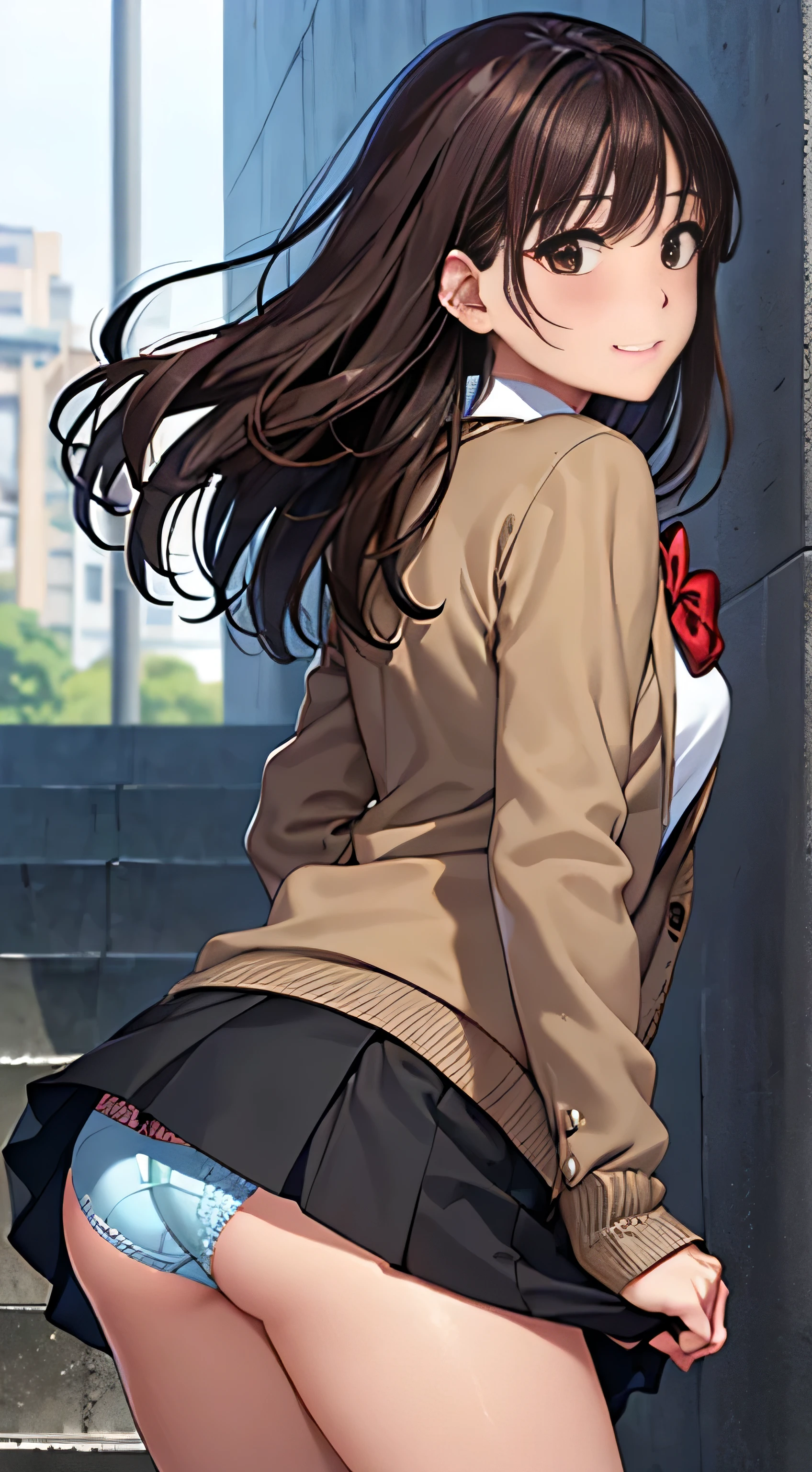 ((Tabletop, highest quality, High resolution, Hmph, Perfect Pixel,  4K, Hmph, Hmph))), One Girl, single, alone, Beauty、The whole body is visible、 ((Mid-wave hair, bangs, Brown Hair)), ((Brown eyes, Beautiful eyelashes, Realistic eyes)), ((Detailed face, Blushing:1.2)), ((Smooth texture:0.75, Realistic texture:0.65, Realistic:1.1, Anime CG Style)), Medium ?????, Dynamic Angle, Perfect body,  ((Red bow tie, , Black jacket, Open jacket, Brown cardigan, White shirt, Black Skirt, Checked skirt)), City stairs、Looking up from the bottom of the stairs、Very embarrassing panic smile, looked back、Leaning forward、(The wind blew up her skirt, exposing her ????????....................、Touch your ???????? with both hands、Light blue floral lace panties)、