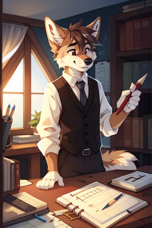 full body,Male,coyote,enginer,old time bookkeeper,Black vest with white sleeves and blue tie,reporter,notebook,In the old time office,old time incandescent lamp,engineering blueprint,Drawing the blueprint, ((by keihound, by reysi)), by Zackary911, by hyattlen, by fumiko, by fluff-kevlar, Furry, Anthro,compasses,ruler,Pencil Stationery,Drawing stand