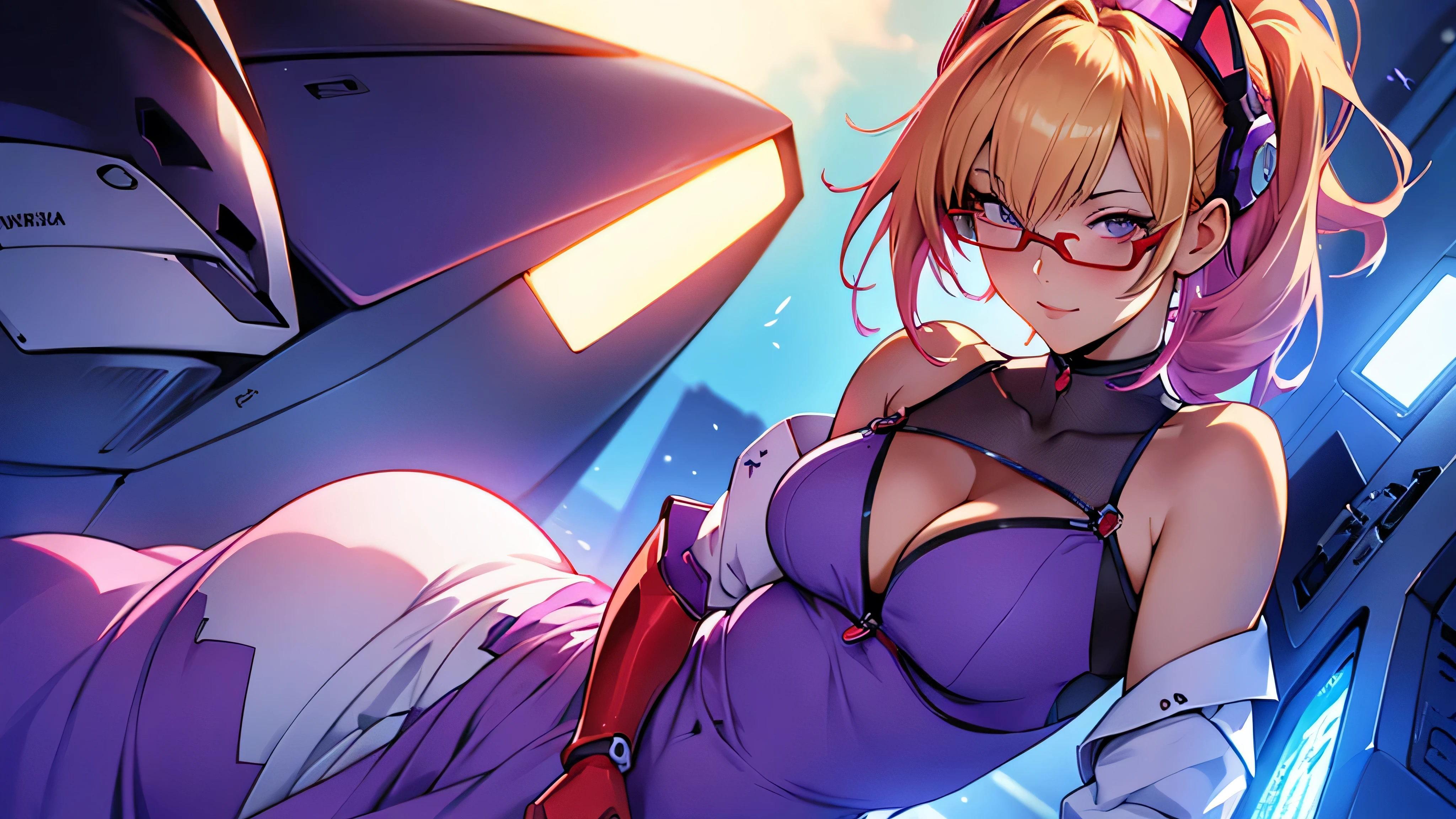 anime,An illustration,purple robot,Mobile Suit,Dom,Light blue check dress,Red glasses,Blonde,Light blue mesh hair,beautiful girl,Sora Sakurano,one person