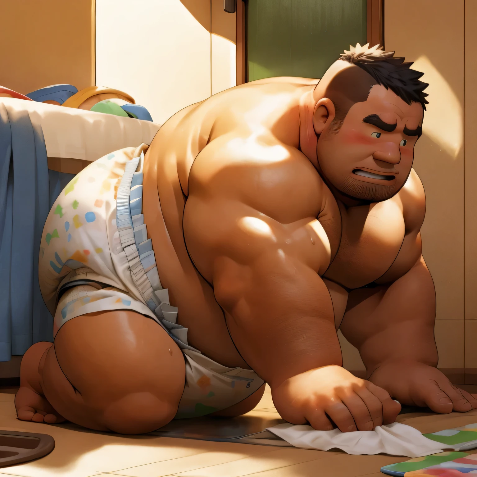 masterpiece, Top quality, in 32K, perfect anatomy, hyper detailed, super fine illustration, The thick man is a brutal prisoner, retarded, hairy human, 50yo in Japan, (fatness: 1.0), Fatty muscle, Bowleg, disappointment, incontinent, be diaper check by children, waddle, There is a small puddle under him, incontinent, Naked, short legs, Bowleg, spread legs, wear a White cloth Diaper, Bare belly, Bare legs, Bare foots, Bare soles, Shirtless, wide forehead and short thinning hair, Man with round face with stubble, Bare foots, Bare soles, shy, sissy, Weaker than children, Drool, Round face, steams, Solo, He enters nursery school and is despised by children, He surrounded by children, His bottom is wet, Bare foots, big butt, he is scolded by the children, White Diaper, He surrounded by children, sobbing, wear a White cloth Diaper, shirtless, There is a small puddle under him, He enters nursery school and is despised by children, big butt, sobbing, He crawling to go to children, on all fours, side view
