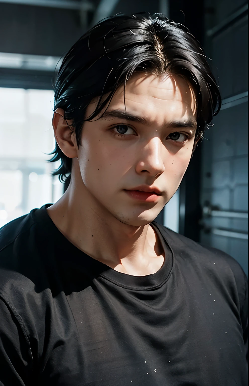 Young Bruce Wayne man black hair, big muscular body, black t-shirt, in dark room upper body close up shot