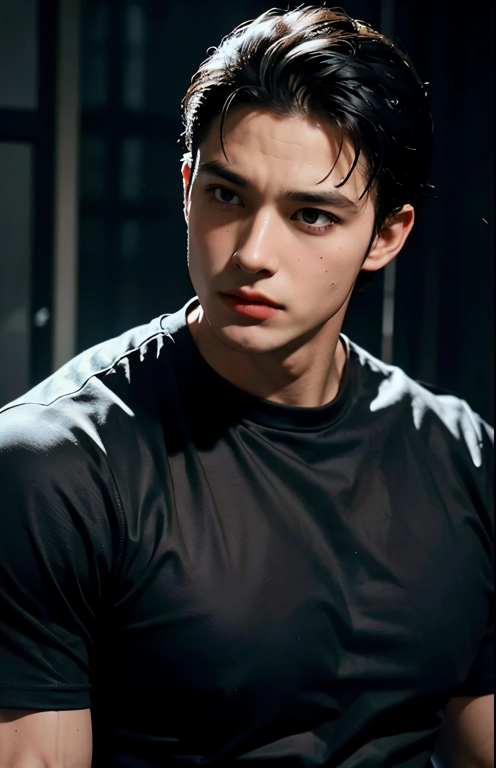 Young Bruce Wayne man black hair, big muscular body, black t-shirt, in dark room upper body close up shot