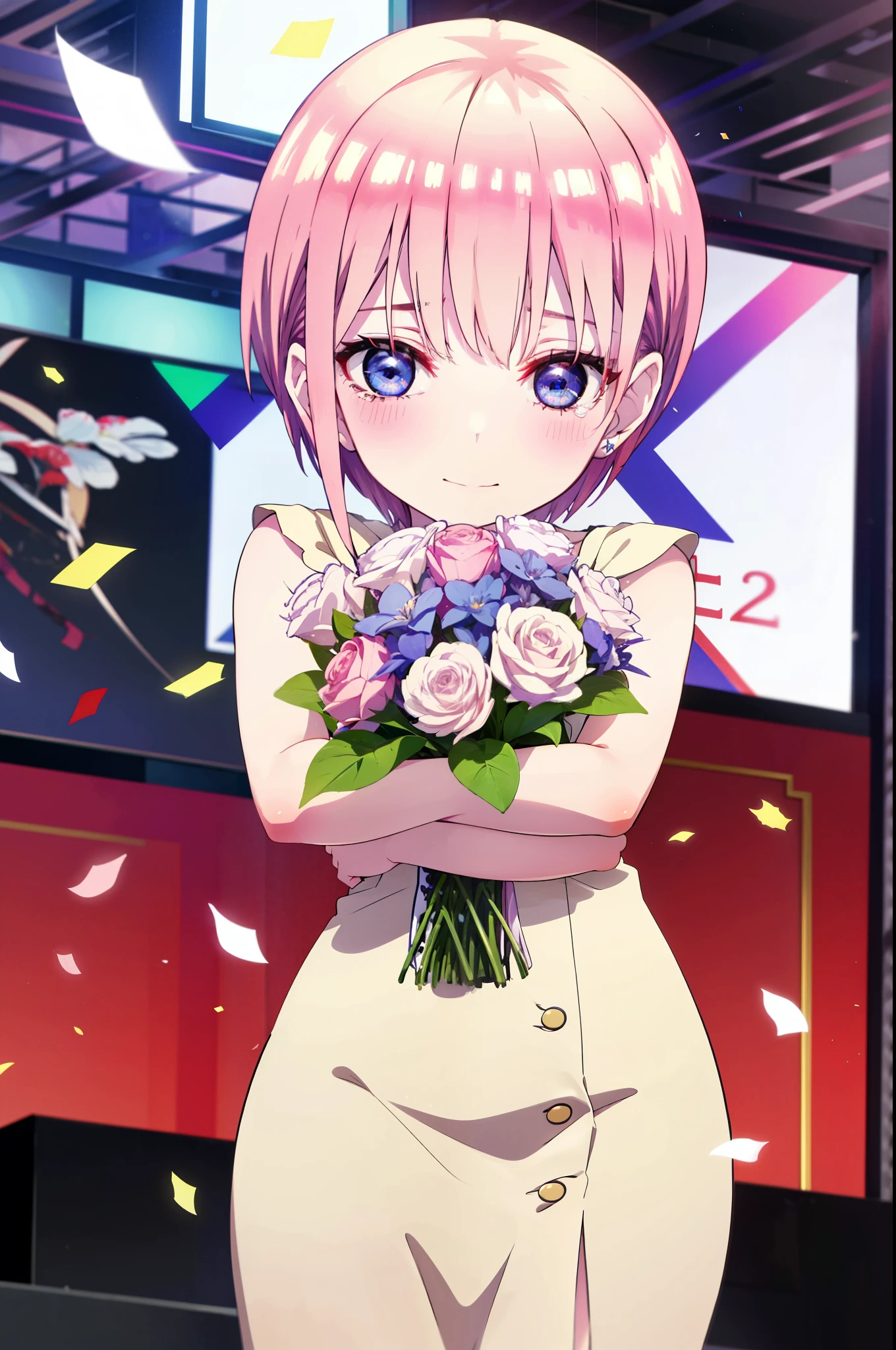 ichikanakano, ichika nakano, short hair, bangs, blue eyes, Hair between the eyes, smile,Pink Hair,,smile,blush,白色No sleeveドレス,Long skirt,White stiletto heels,No sleeve,naked,nakedの腕,nakedの首,nakedの鎖骨,holding a large bouquet of flowers in each hand,Locket Necklace,Confetti,There is a birthday cake on the table,Tears stream down her face,Sad and crying,Cry a lot,
break indoors, on stage,venue,
break looking at viewer, (Cowboy Shot:1.5),
break (masterpiece:1.2), highest quality, High resolution, unity 8k wallpaper, (shape:0.8), (Beautiful details:1.6), Highly detailed face, Perfect lighting, Highly detailed CG, (Perfect hands, Perfect Anatomy),