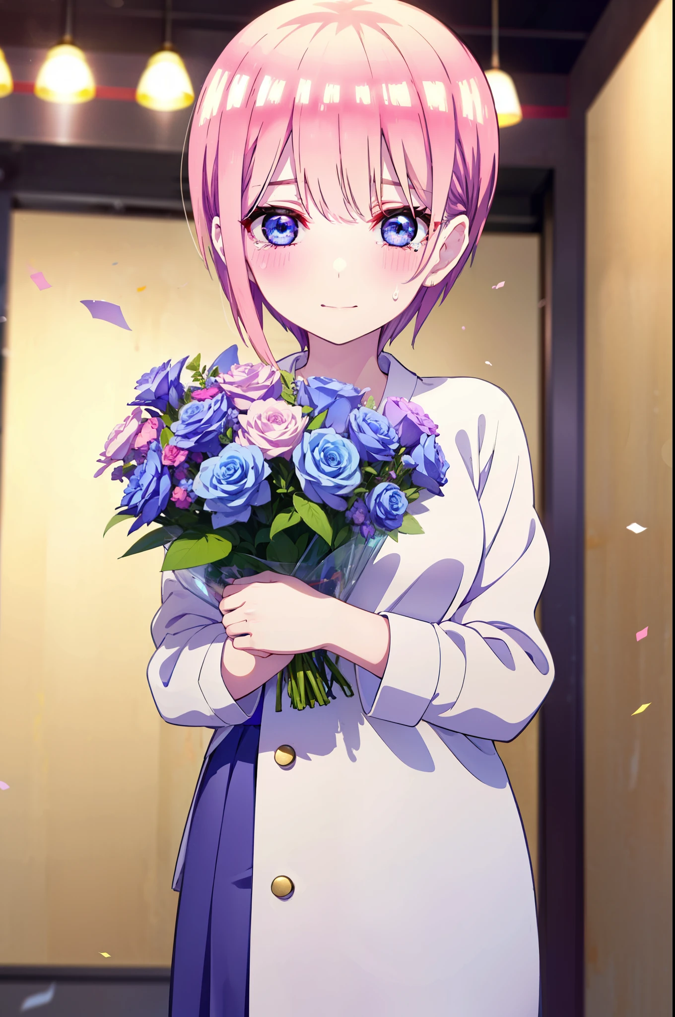 ichikanakano, ichika nakano, short hair, bangs, blue eyes, Hair between the eyes, smile,Pink Hair,,smile,blush,白色No sleeveドレス,Long skirt,White stiletto heels,No sleeve,naked,nakedの腕,nakedの首,nakedの鎖骨,holding a large bouquet of flowers in each hand,Locket Necklace,Confetti,There is a birthday cake on the table,Tears stream down her face,Sad and crying,Cry a lot,
break indoors, on stage,venue,
break looking at viewer, (Cowboy Shot:1.5),
break (masterpiece:1.2), highest quality, High resolution, unity 8k wallpaper, (shape:0.8), (Beautiful details:1.6), Highly detailed face, Perfect lighting, Highly detailed CG, (Perfect hands, Perfect Anatomy),