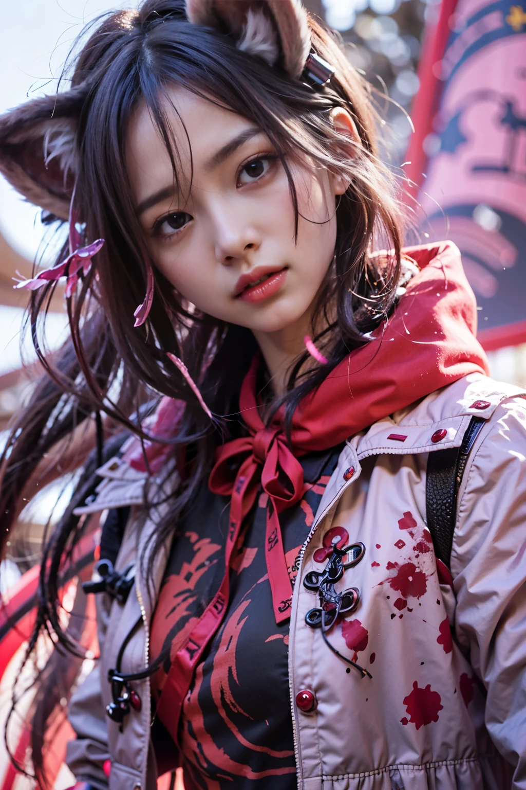 karate, ,( cry), Portrait of a person, Fantasy art, (cyber punk), A girl with fox ears and a fox tail,, Natural light, masterpiece, 1 beautiful girl, Detailed eyes, Swollen eyes, highest quality, A High resolution, Asian Beauties, Very very beautiful, Beautiful skins, Slender, Forward-facing body, (Surreal), (High resolution), (4K), (Very detailed),( Best illustrations), (Beautiful and detailed eyes), (Very detailed), Detailed face, Bright lighting, Professional Lighting, Vision, (lanthanum), ((warrior)),((Long Hair)),((cry)),((Colorful Hair)),((Red color splash)),One girl, (Short pigtails),Colorful Hair,flight, Short skirt,Pink ribbon,((16 year old female model)) ,Psychopath horror, Bloodstained、Drops of blood,( Stand neck long sleeve black jacket),(battlefield),( Dark Sky)