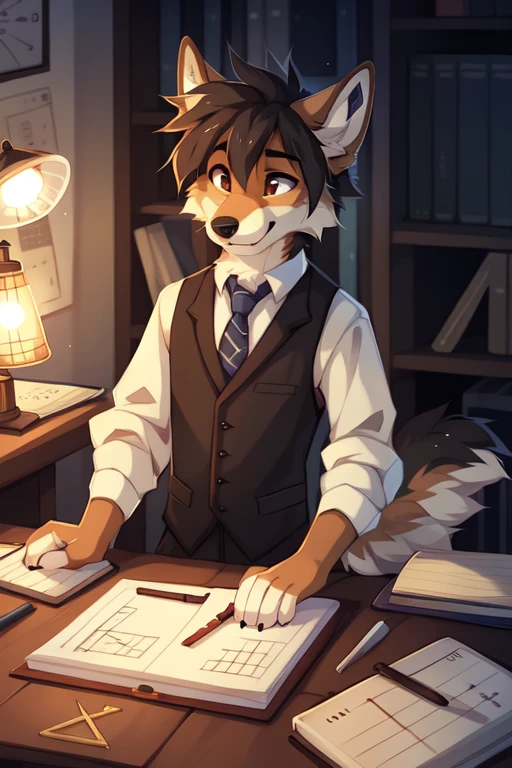 full body，Male，coyote，enginer，old time bookkeeper，Black vest with white sleeves and blue tie，reporter，notebook，In the old time office，old time incandescent lamp，engineering blueprint，Drawing the blueprint, ((by keihound, by reysi)), by Zackary911, by hyattlen, by fumiko, by fluff-kevlar, Furry, Anthro,compasses，ruler，Drawing board