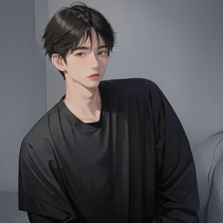 Anime a man sitting in a room with a black shirt, headshot profile picture, 2 , with short hair, 2 8 years olde, clean shaven wide face, 2 3 years old, 2 2 years shaven face, 2d, with accurate face, handsome fas old