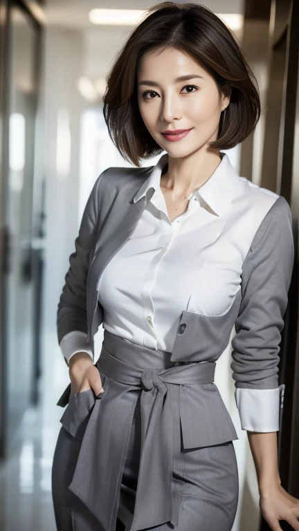 (highest quality,8k,masterpiece),
日本人Mature Woman,40 years,Mature Woman,Pure white skin, ((Full body photography:0.85))、
Full breasts:1.1、 ((White collared blouse))、((Grey tailored jacket))、Grey tight skirt、Brown medium hair、
,A gentle smile、A gaze that seduces viewers、Shopping Centre、