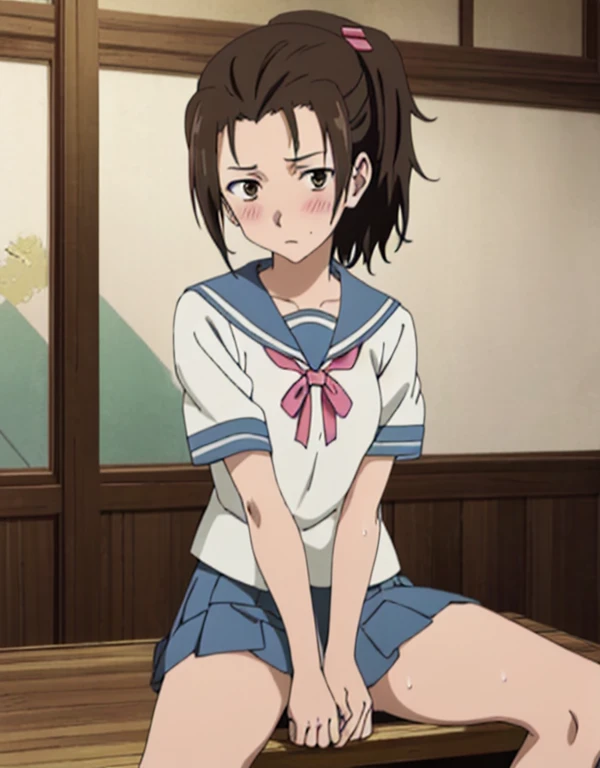 (masterpiece, best quality:1.2), highres, anime screencap, anime coloring, 1girl, solo, embarrassed, blush,
Mrs_Nakagami, mature female, adult woman, brown hair, short hair, short ponytail, parted bangs, bangs, forehead, brown eyes, hair ornament, small breasts,
, serafuku, blue sailor collar, white shirt, short sleeves, blue skirt, pleated skirt,
Sitting, spread legs, pink ribbon panties, wet legs, shy,
indoors, japanese room, looking at viewer,
