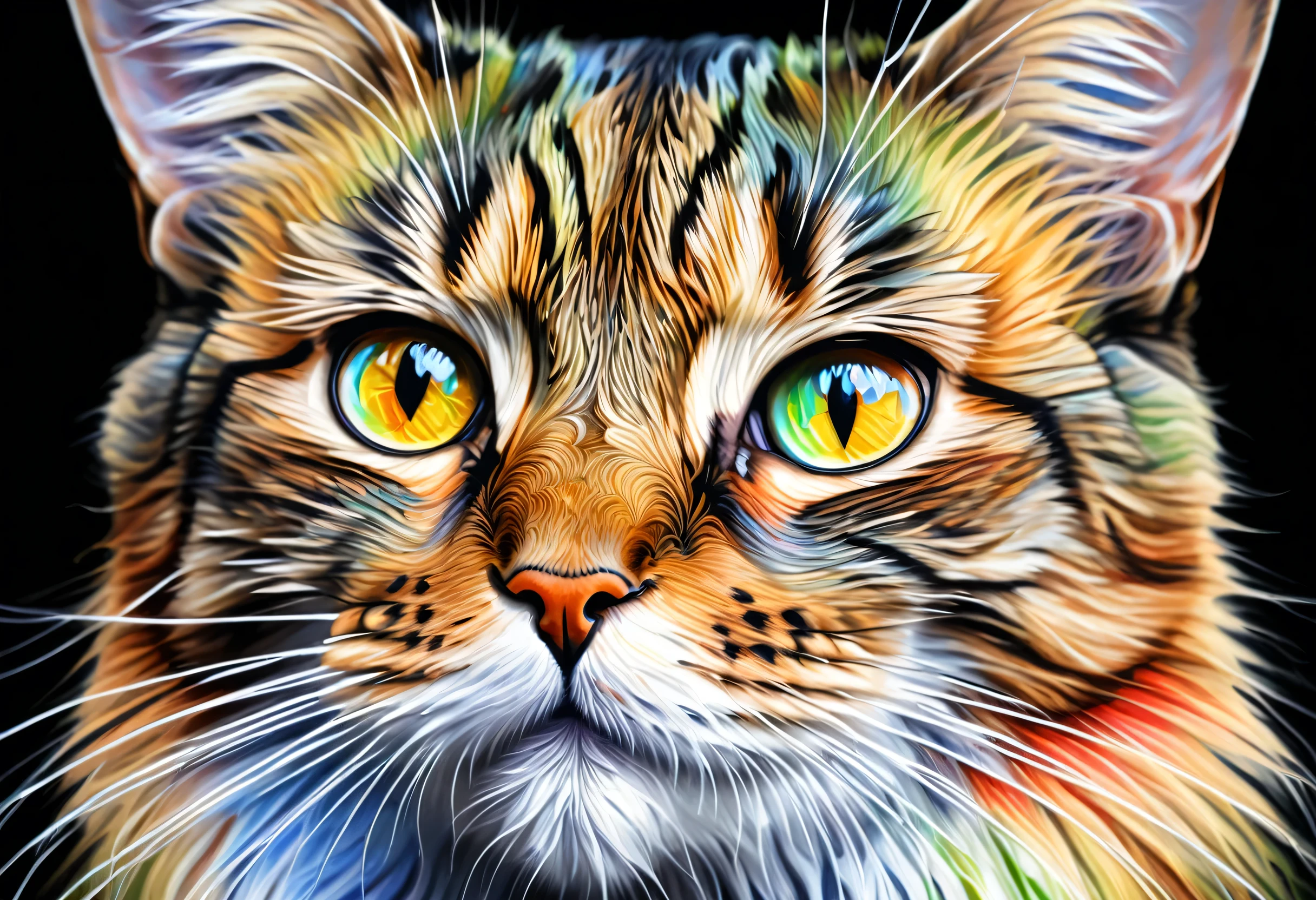 painting of a Cat with a colorful face and eyes, Airbrushing painting by Zahari Sograph, Trending on Artstation, fur art, Beautiful Art UHD 4K, Highly detailed digital art in 4K, Cat. Digital Painting, 4K Detailed Digital Art, Digital Painting highly detailed, Beautiful digital art, Detailed painting 4k, highly detailed Digital Painting