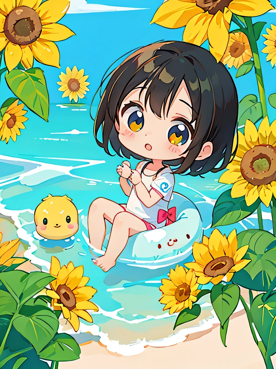 Ai Yazawa style, Kawaii Design, The most beautiful girl of all time、Chibi, play together、Cute Aliens, Beach, Swimwear, sunflower