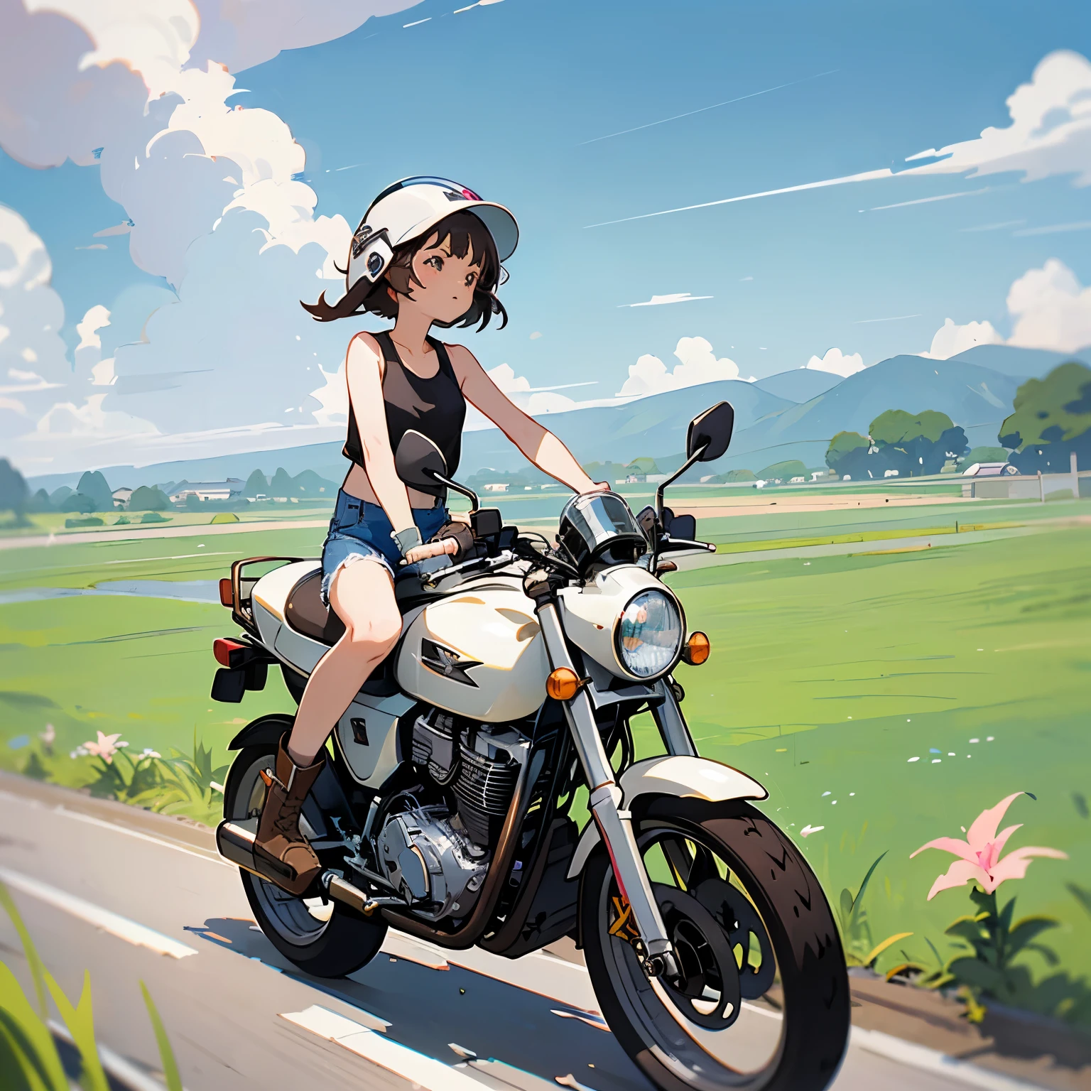 Highest quality、A girl is riding a white Super Cub、Dark brown short cut、(He is wearing a jet helmet with white and black lines running down the center of the helmet from front to back.、White tank top、Pink jacket、Denim shorts、White knee-high socks、Brown work boots:1.3)、Japanese countryside scenery、Road beside the stream、Small creek、Dirt Road、Weeds grow along the side of the road、Blue sky、White clouds floating、Early summer sky、