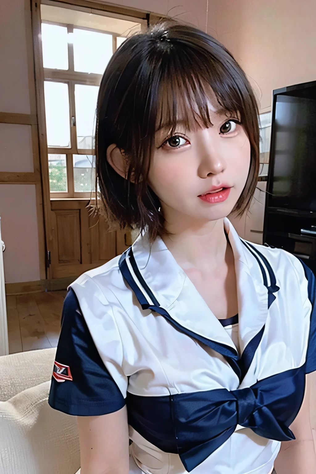 (8K highest quality:1.2), 8k, Official Art, RAW Photos,The uniform was torn、I can see your underwear、skinny、14 years、、unbelievably ridiculous, (whole body, uniform、Sailor suit:1.4), Navy blue mile、Beautiful Face、beautiful girl, Pretty face, lean back,、Gold ornament in hair、close, Sailor suit, Short sleeve, Violet, Teen, View your viewers, Film Grain, chromatic aberration, Sharp focus, Face Light, Dynamic Lighting, Cinema Lighting, Eyes and facial details, Pink wall、