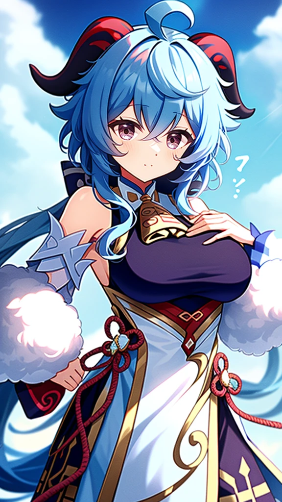 1 girl, solo, Ganyu (Genshin), chest, horns, long hair, blue hair, ahoge, looking at camera, holding, blushing, bangs, absolute territory, purple eyes, medium breasts, goat horns,, very long hair , standing, closed mouth, , side lock, cowboy shot, fluffy, red eyes, hair between the eyes, (colorful cloud background blur) 1.2, fluffy, soft, ((best quality)), ( Highly detailed, top details, official art, beauty, aesthetics: 1.2), text frame depth, composition,Cute casual costumes,
