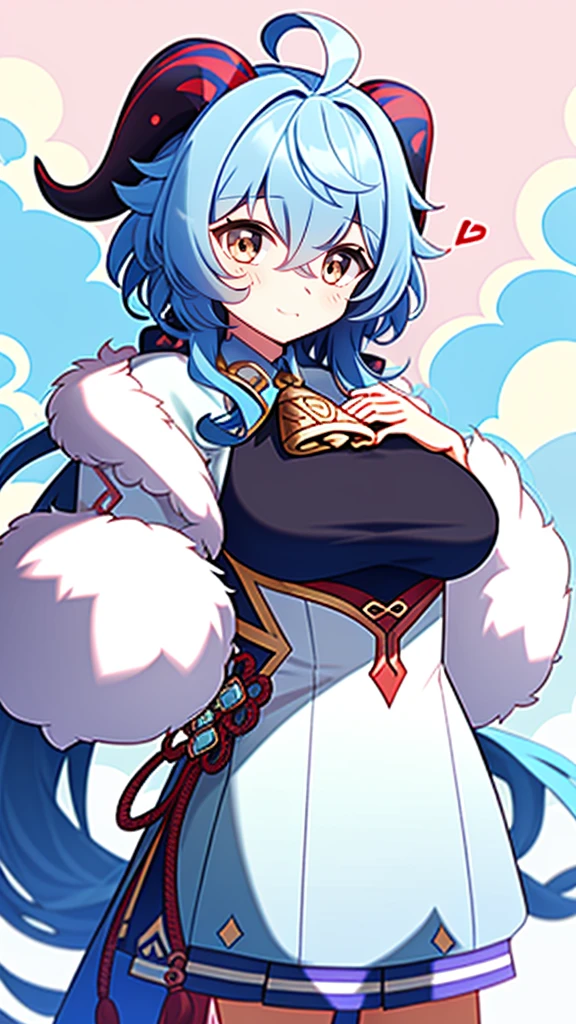 1 girl, solo, Ganyu (Genshin), chest, horns, long hair, blue hair, ahoge, looking at camera, holding, blushing, bangs, absolute territory, purple eyes, medium breasts, goat horns,, very long hair , standing, closed mouth, , side lock, cowboy shot, fluffy, red eyes, hair between the eyes, (colorful cloud background blur) 1.2, fluffy, soft, ((best quality)), ( Highly detailed, top details, official art, beauty, aesthetics: 1.2), text frame depth, composition,Cute casual costumes,