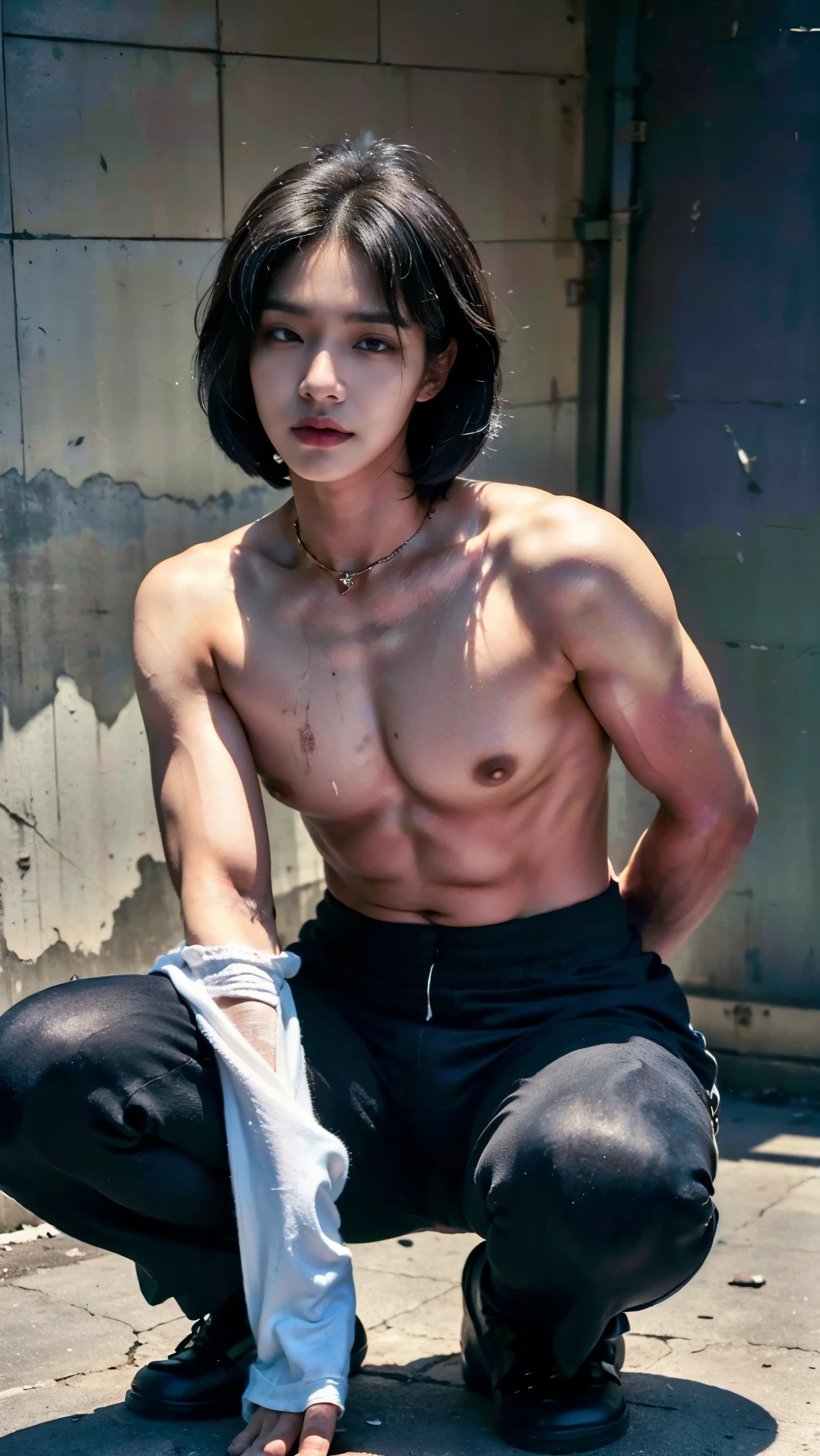 Realistic photos, 8k,(((Bob cut ladyboy,transgender,otokonoko))),(((In a filthy public toilet,A message is posted,Crouching,Homeless,Begging,Pale face,It is dirty,Bad smell,dirty,odor,Homeless,Depraved,Handsome young Korean ladyboy with bob cut))),(((Very big eyes,Glaring at the camera,Frowning))),Chest is male,18-year-old,(Ultra-realistic), (figure), (High resolution), (8k), (Very detailed), (Best figure), (Beautiful fine details), (highest quality), (Super detailed), (masterpiece), (wallpaper), (Detailed face), ((whole body,Flat Chest,Very muscular,fitness muscle)),alone,Black hair bob cut,(((A girl with makeup on her face,The body is a perfect man))), Dirty tracksuits,Training pants,Transgender,Korean,kpop,Muscular male chest