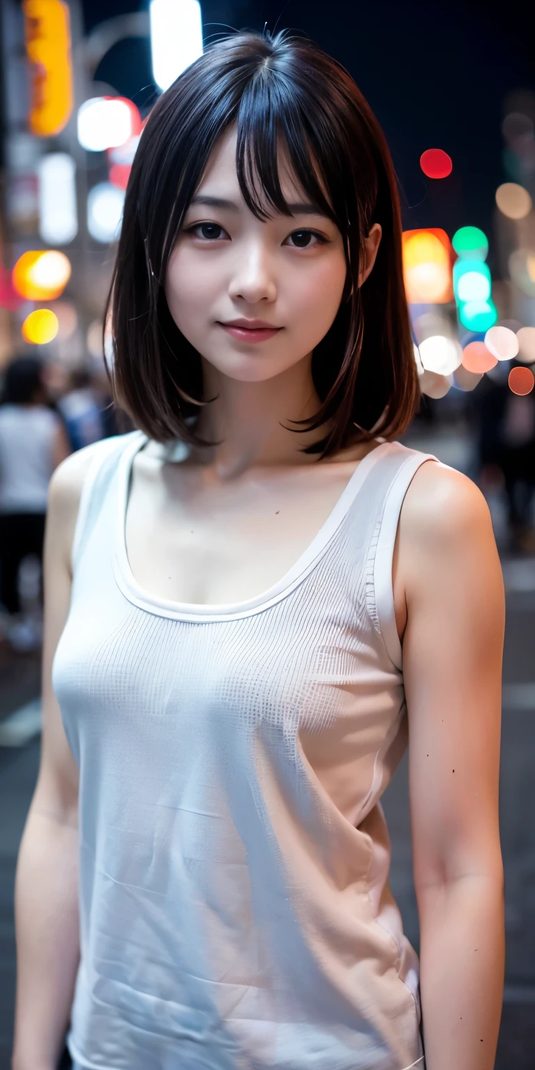 masterpiece、one beautiful women、A detailed face、A detailed eye、Detailed skin、top-quality、japanes、Illuminated from the front with bright lighting、profetional lighting、Always face straight ahead、The background is a little blurry、24 year old、In the background, there are many PC monitors lined up and the wiring is bare.、Streets lined with cyberpunk buildings、Wearing a rock and punk t-shirt、a smile、short-cut、