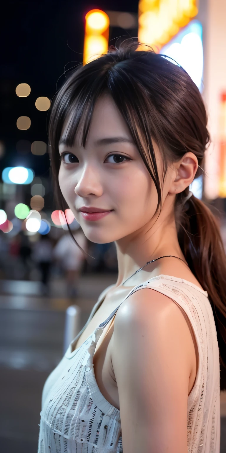 1 Girl, Tokyo Street,night, Streetscape,City lights,Upper Body,close,smile,, (8K, Raw photo, highest quality, masterpiece:1.2),(Realistic, photo-Realistic:1.37),