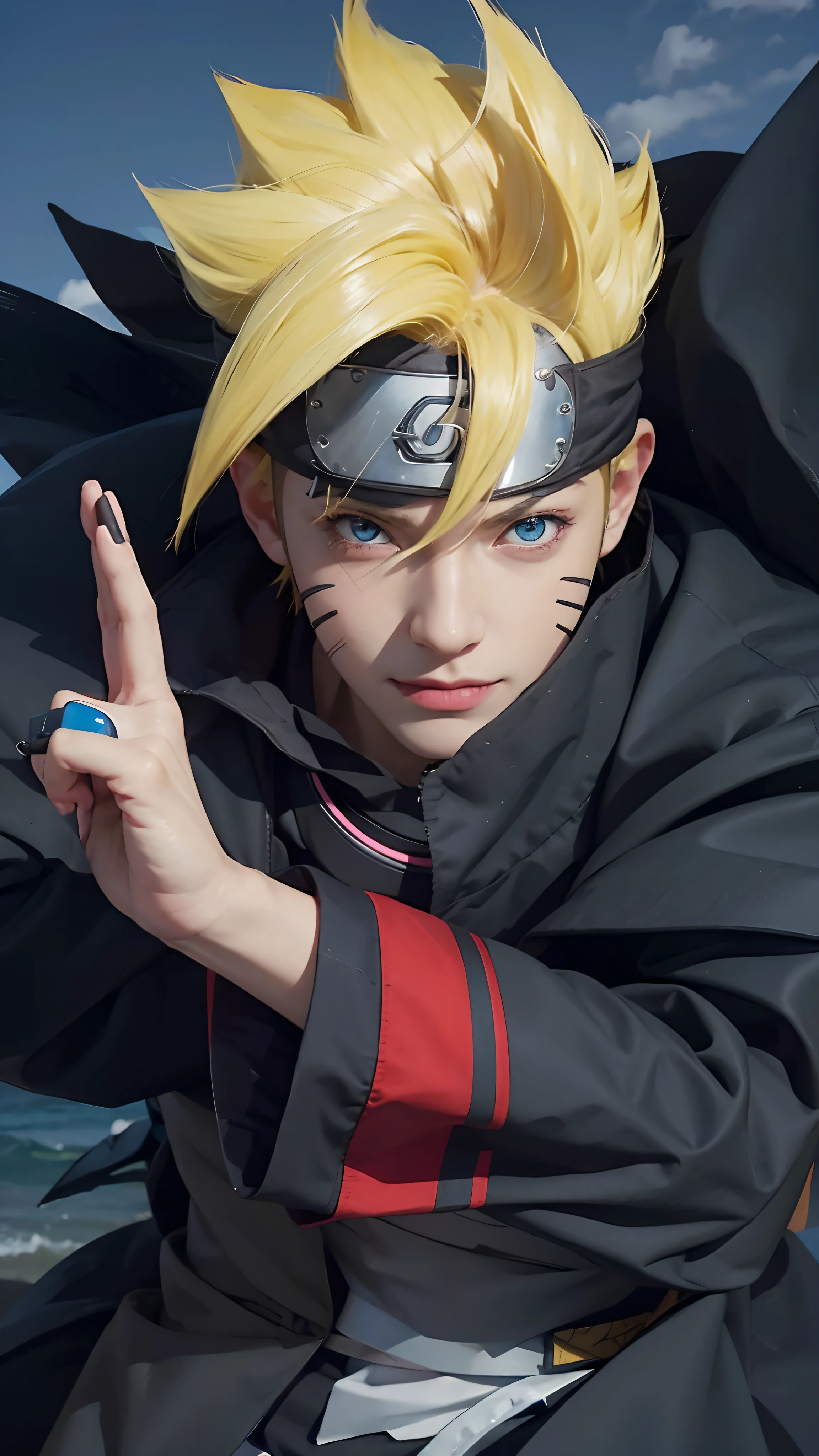 1male, boruto in anime boruto, short hair , yellow hair, blue eyes, handsome, smile, black clothes, realistic clothes, detail clothes, beach city background, ultra detail, realistic