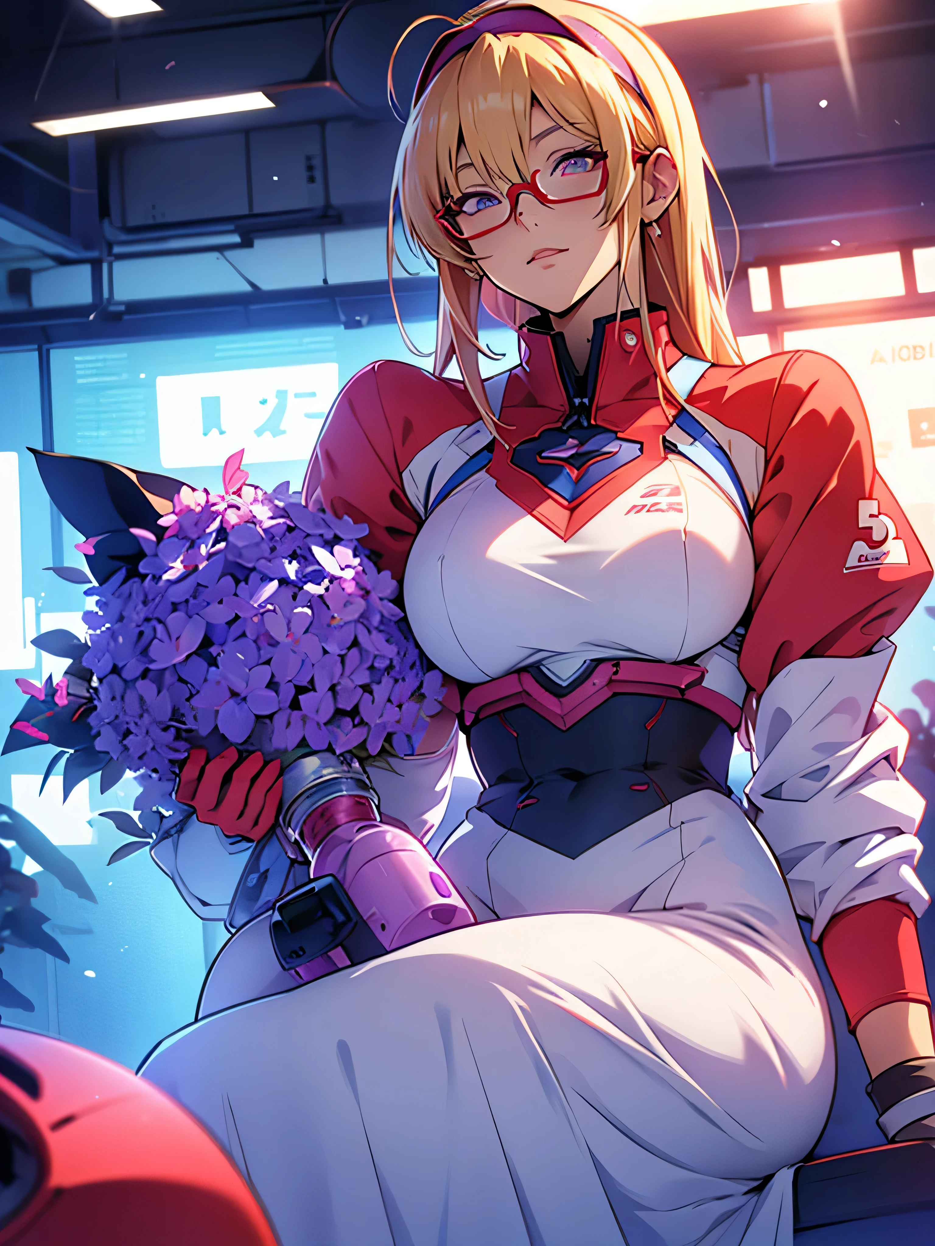 anime,An illustration,purple robot,Mobile Suit,Dom,Light blue check dress,Red glasses,Blonde,Light blue mesh hair,beautiful girl,Sora Sakurano,one person