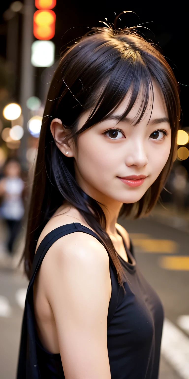 1 Girl, Tokyo Street,night, Streetscape,City lights,Upper Body,close,smile,, (8K, Raw photo, highest quality, masterpiece:1.2),(Realistic, photo-Realistic:1.37),