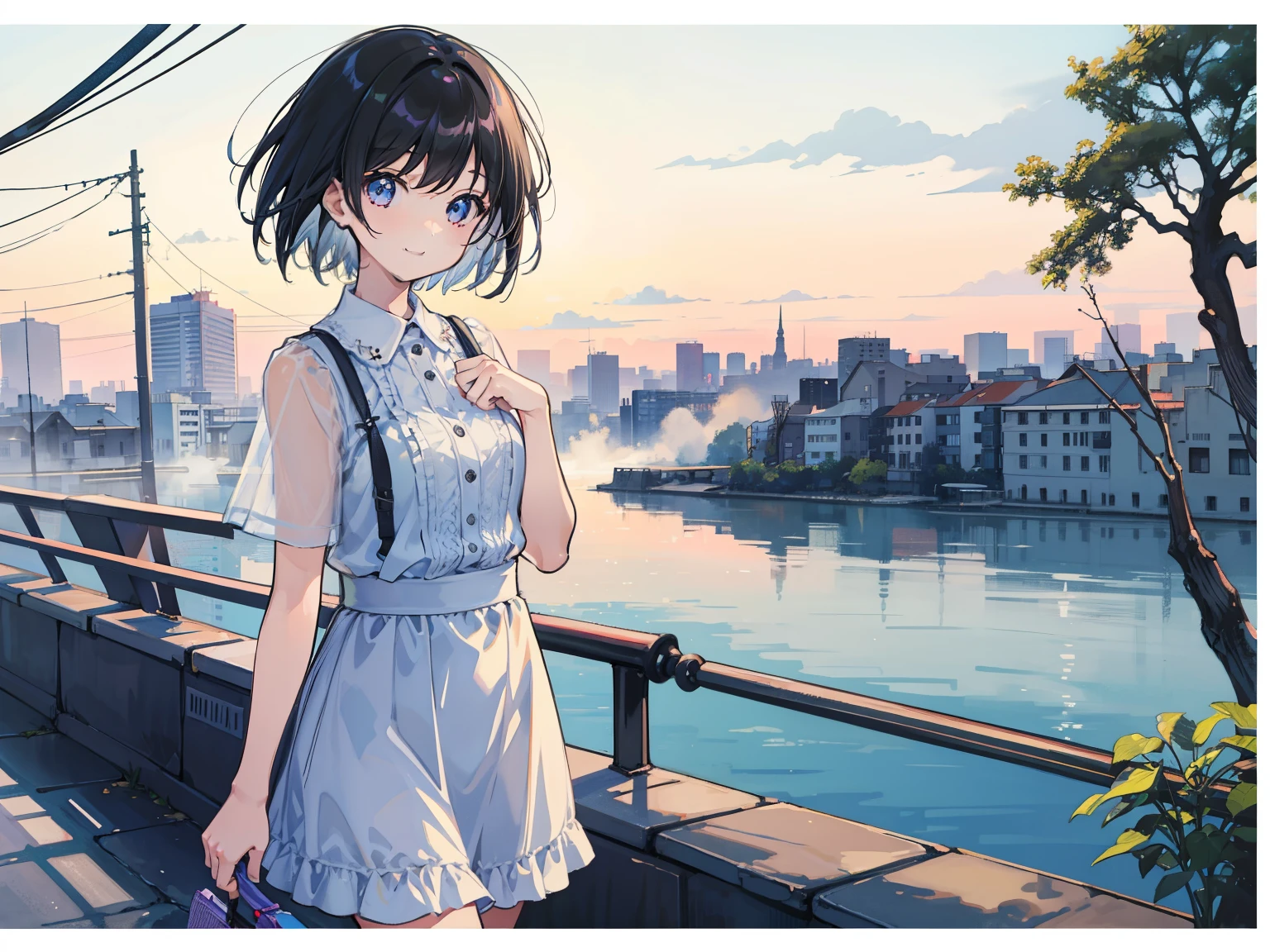 Tabletop,Very detailed,1 girl,alone、Cool composition、best scene、Cool composition、high quality、mist、Transparent watercolor、pastel colour、Mediocre woman、short hair、 women、Black Hair、High angle、morning、Black Hair、short hair、Bob Hair、smile、Private Server、30-year-old female、Walking around the city、Date Clothes、cute composition