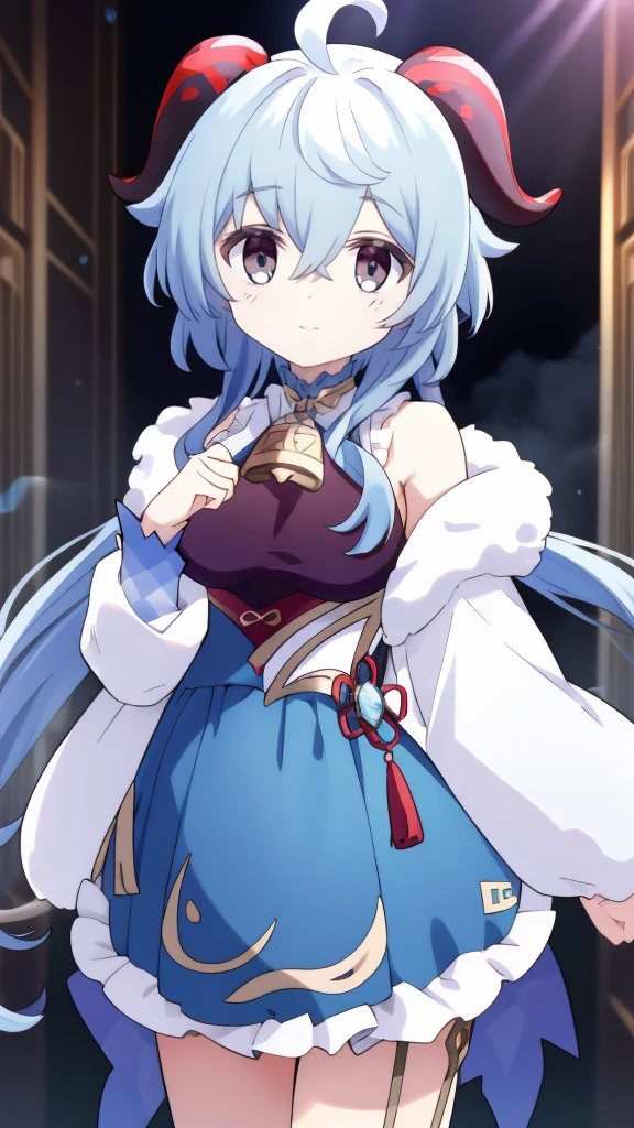 1 girl, solo, Ganyu (Genshin), chest, horns, long hair, blue hair, ahoge, looking at camera, holding, blushing, bangs, absolute territory, purple eyes, medium breasts, goat horns,, very long hair , standing, closed mouth, , side lock, cowboy shot, fluffy, red eyes, hair between the eyes, (colorful cloud background blur) 1.2, fluffy, soft, ((best quality)), ( Highly detailed, top details, official art, beauty, aesthetics: 1.2), Cute casual costumes,