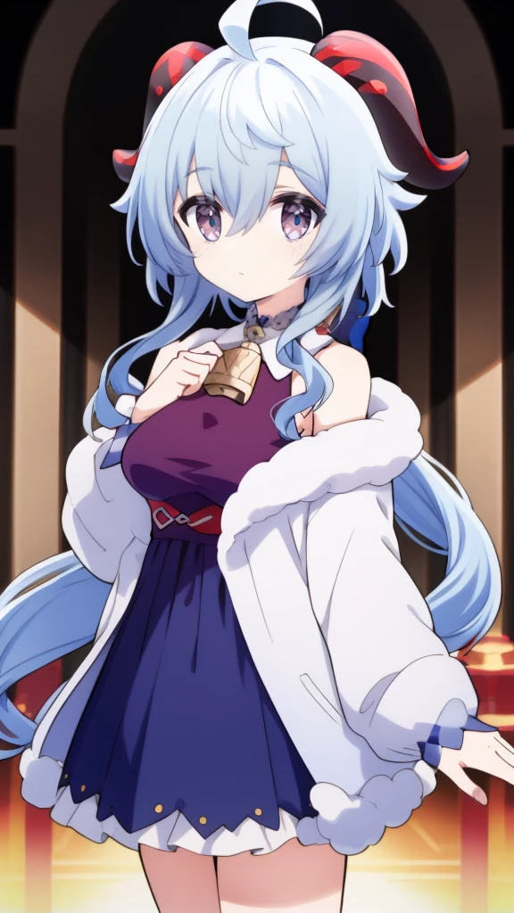 1 girl, solo, Ganyu (Genshin), chest, horns, long hair, blue hair, ahoge, looking at camera, holding, blushing, bangs, absolute territory, purple eyes, medium breasts, goat horns,, very long hair , standing, closed mouth, , side lock, cowboy shot, fluffy, red eyes, hair between the eyes, (colorful cloud background blur) 1.2, fluffy, soft, ((best quality)), ( Highly detailed, top details, official art, beauty, aesthetics: 1.2), Cute casual costumes,