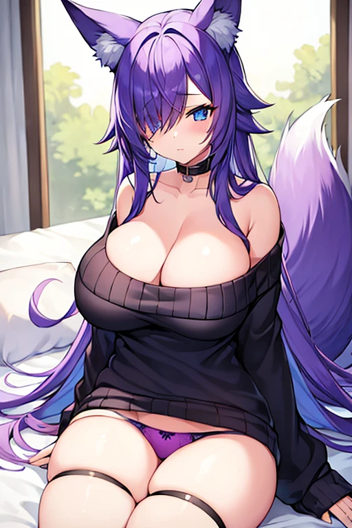 1girl, purple hair, one eye covered, hair over one eye, blue eyes, blue eye, black sweater, sweater, , large breasts,thighs, bed, sittting, waking up, sleepy, fox ears, fox tail, white trim, panties