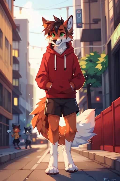 full body，Male，fox，Green eyes，Red sweatshirt with grey sleeves，Energetic youth，On the streets of the city，Holding a skateboard, ((by keihound, by reysi)), by Zackary911, by hyattlen, by fumiko, by fluff-kevlar, Furry, Anthro