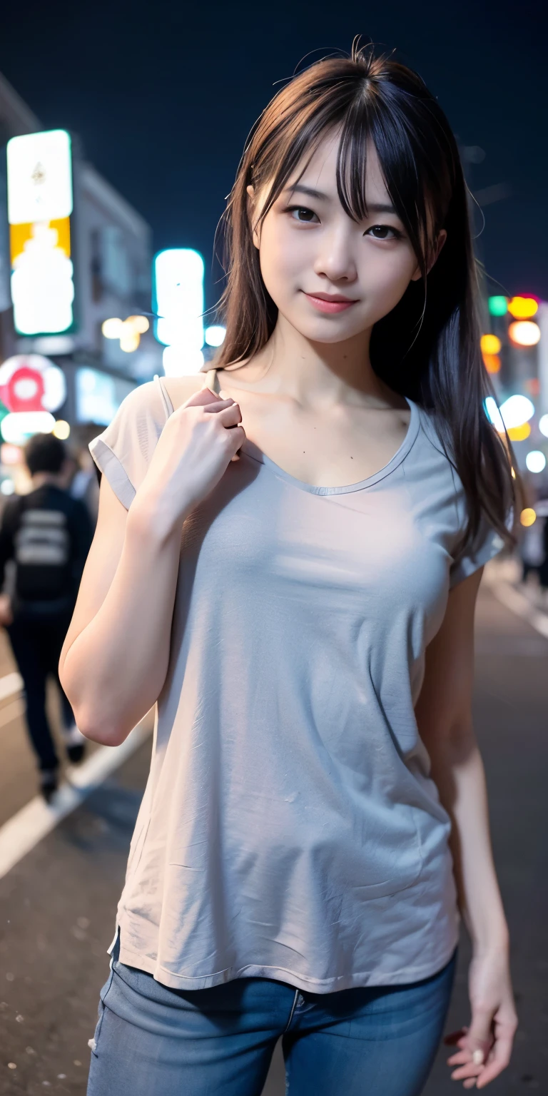 1 Girl, Tokyo Street,night, Streetscape,City lights,Upper Body,close,smile,, (8K, Raw photo, highest quality, masterpiece:1.2),(Realistic, photo-Realistic:1.37),