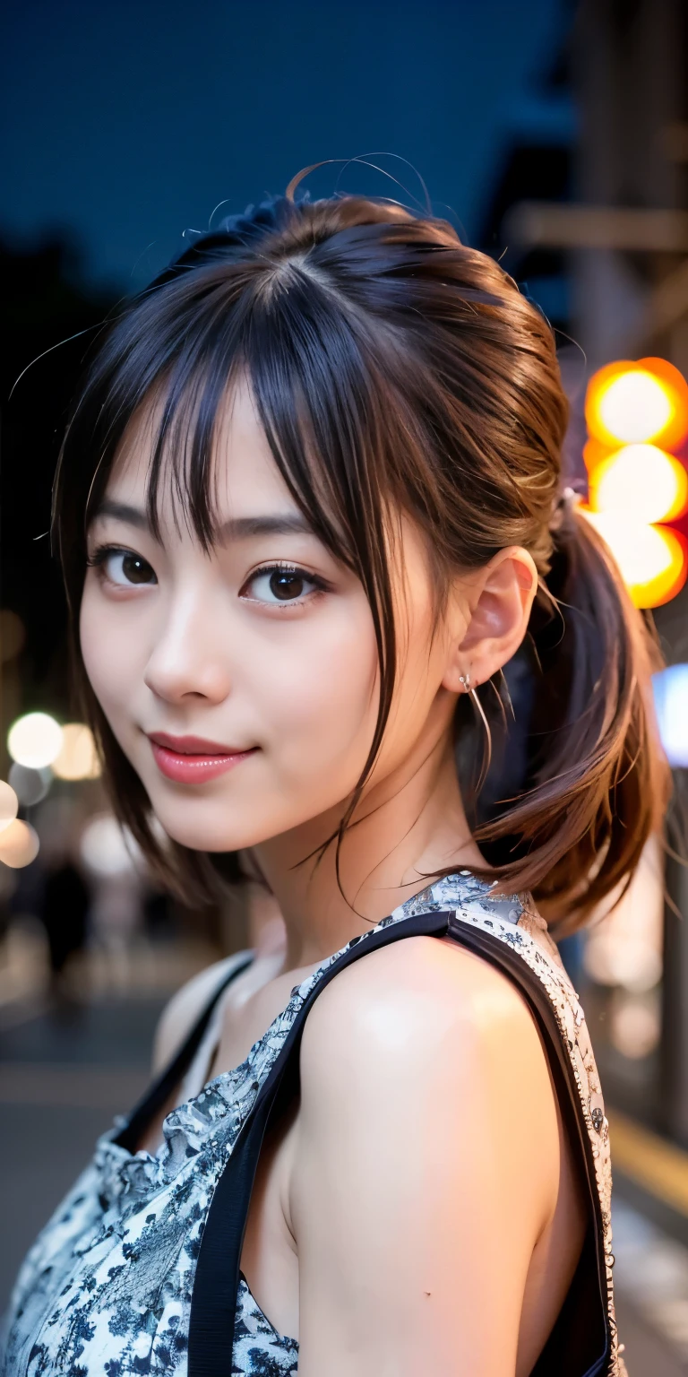 1 Girl, Tokyo Street,night, Streetscape,City lights,Upper Body,close,smile,, (8K, Raw photo, highest quality, masterpiece:1.2),(Realistic, photo-Realistic:1.37),