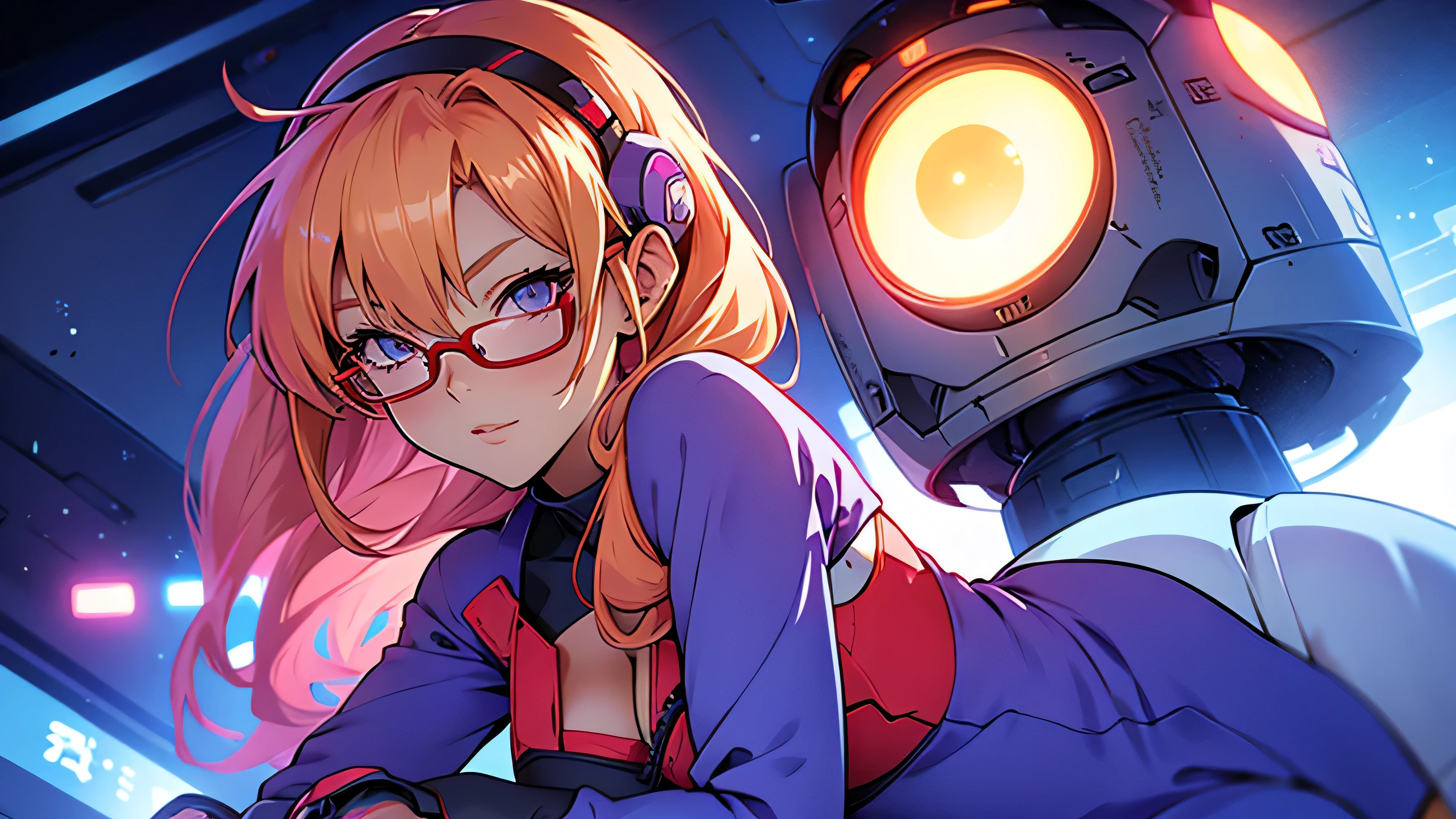 anime,An illustration,purple robot,Mobile Suit,Dom,Light blue check dress,Red glasses,Blonde,Light blue mesh hair,beautiful girl,Sora Sakurano,one person