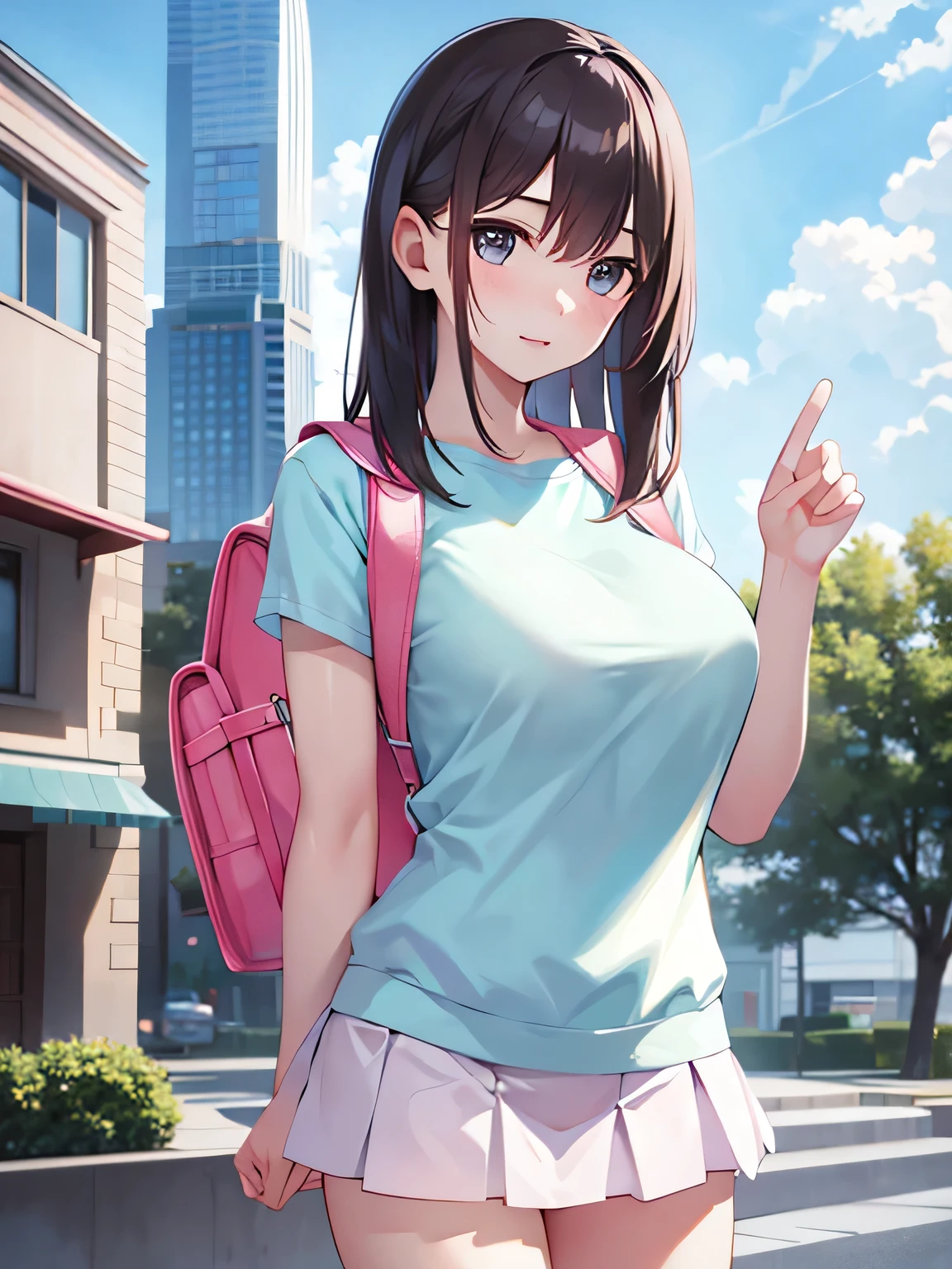 Masterpiece, hd, portrait, best quality, high res,
(1 women:1.3), realistic, solo, wearing t-shirt and miniskirt, , day time shopping stores, streets, city
Carries pink randoseru backpack, front、 (school backpack:1.0)、Large Breasts、Perfect Face、JK、knit