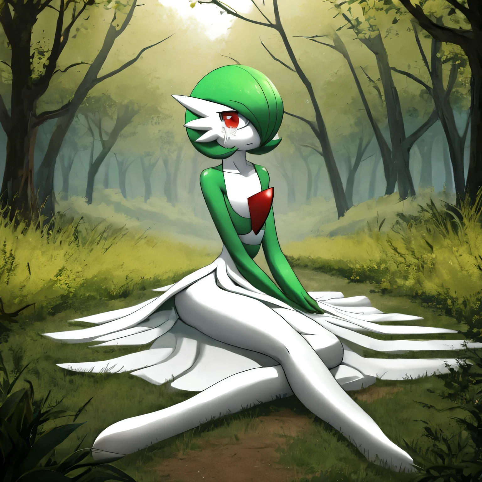 best quality, Gardevoir, pokemon, short height, red eyes, green hair, sad, crying, slim, slender body, skinny legs, looking at viewer, blurry background, outdoors, in forest, full body, slim, ((masterpiece)), best quality, 4k, cinematic lighting, ray tracing, reflected light, panorama, flat chest, high detailed illustration, high detailed background, hi-res, lying on the ground, no feet, on ground, bruised, wounded, white gardevoir dress, green top, legs together, bare legs, bare feet, curled up