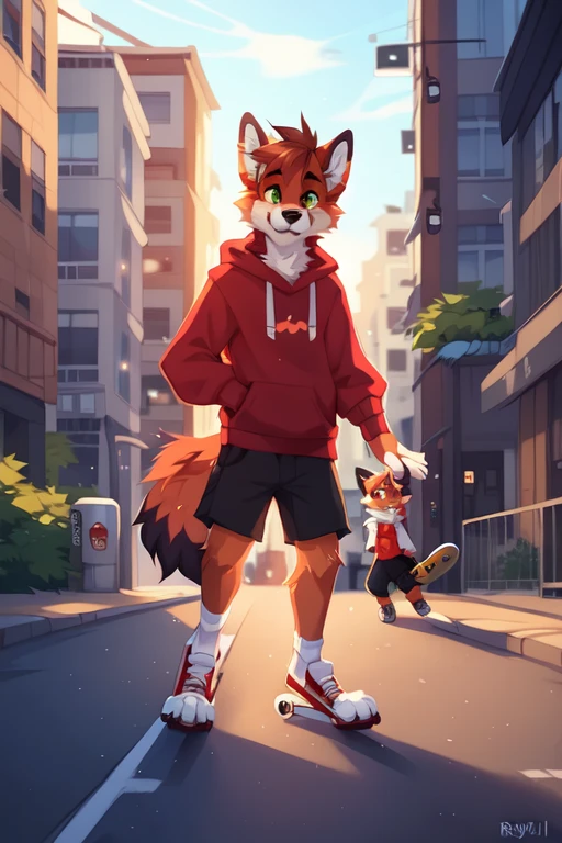 full body,Male,orange fox,Brown paws and ears,Green eyes,Red sweatshirt with grey sleeves,Energetic youth,On the streets of the city,Holding a skateboard, ((by keihound, by reysi)), by Zackary911, by hyattlen, by fumiko, by fluff-kevlar, Furry, Anthro
